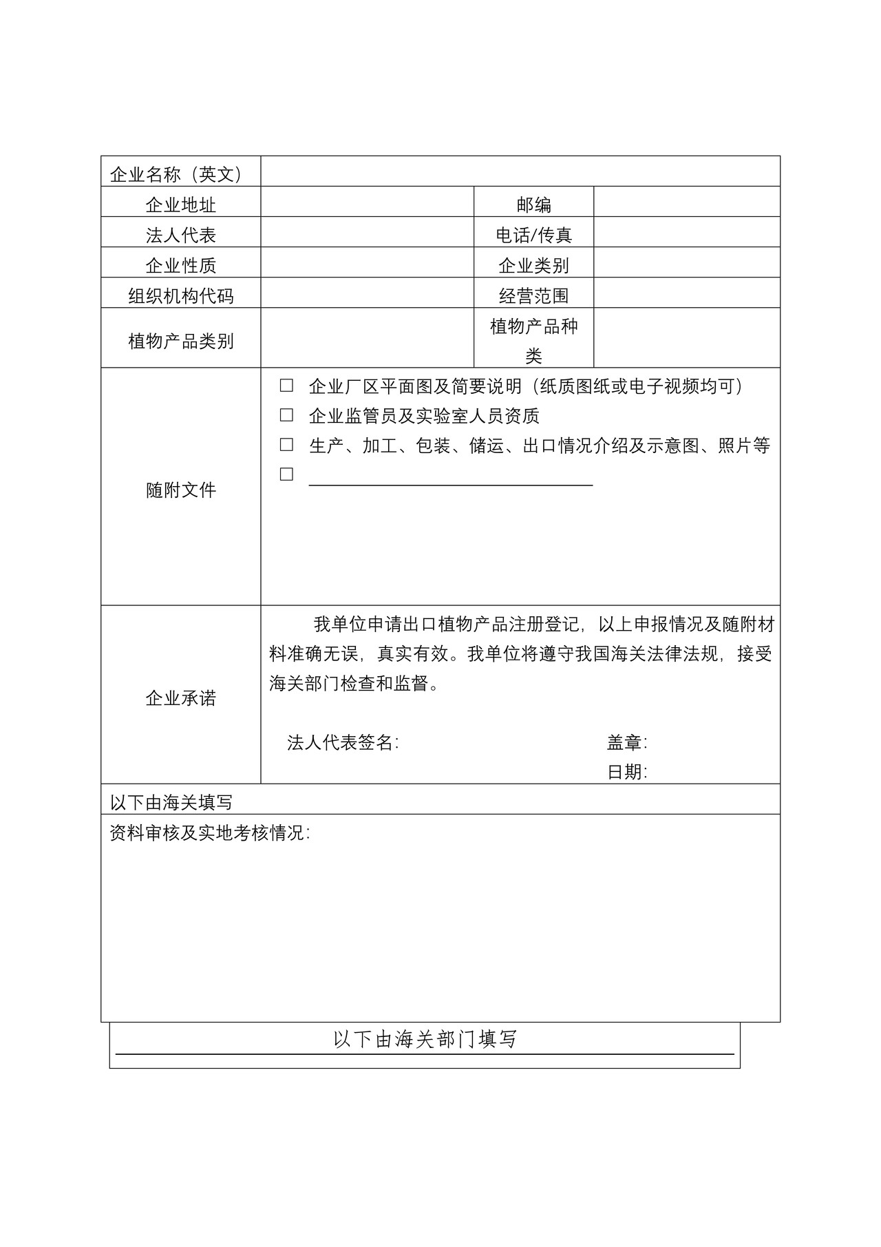 出口植物产品生产、加工、存放企业注册登记申请表（海口海关）