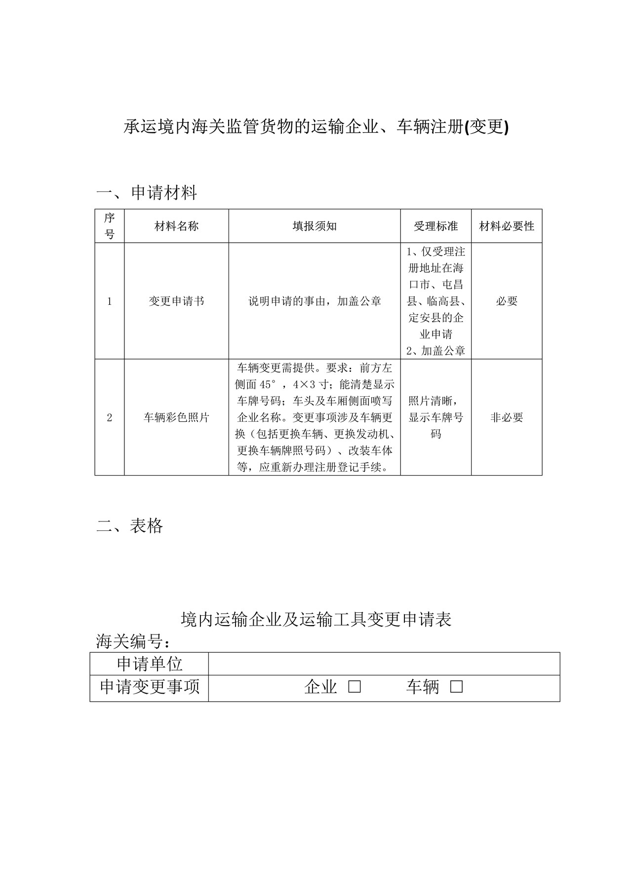 承运境内海关监管货物的运输企业、车辆注册(变更)办事指引