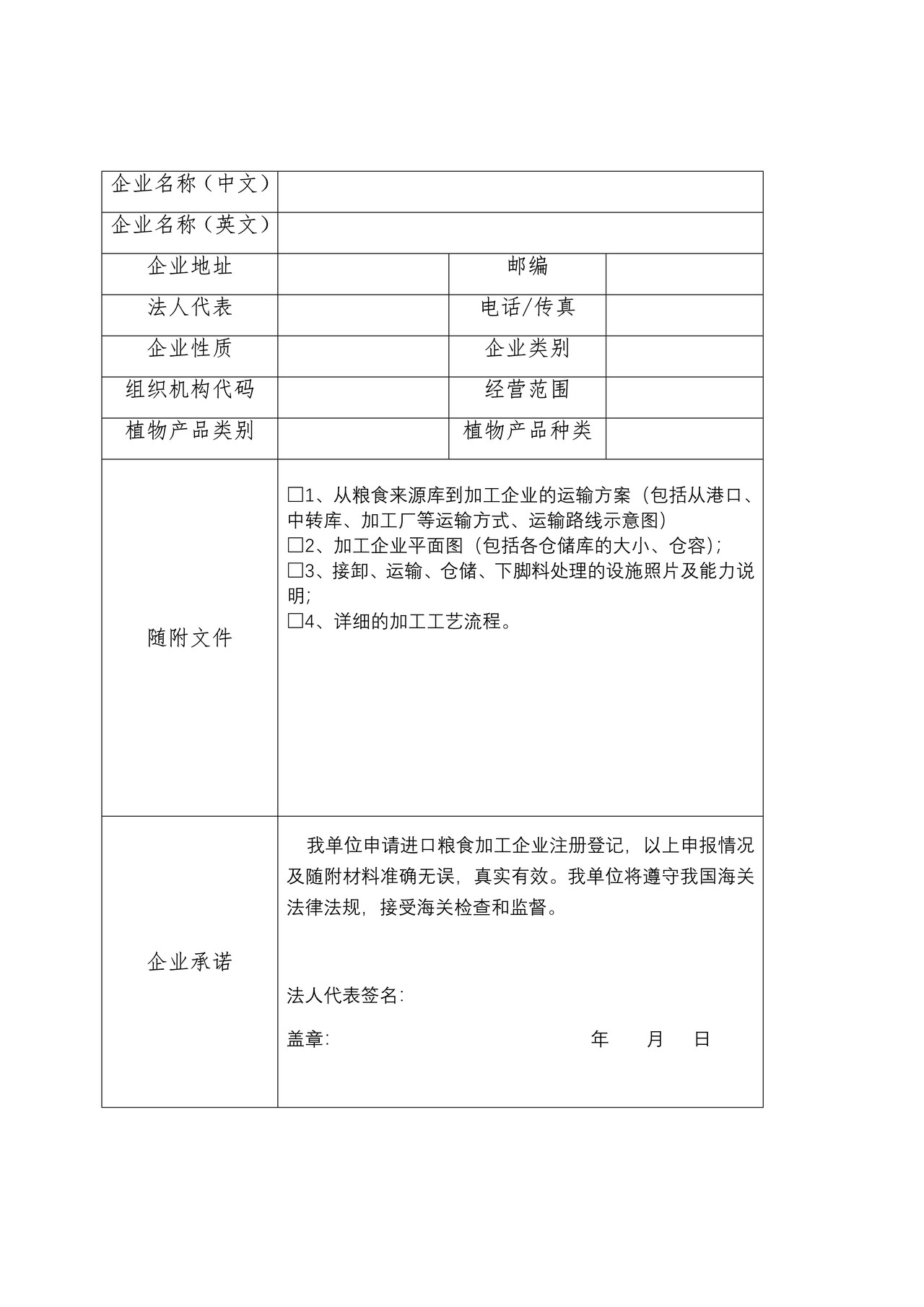 进口粮食加工企业注册登记申请表