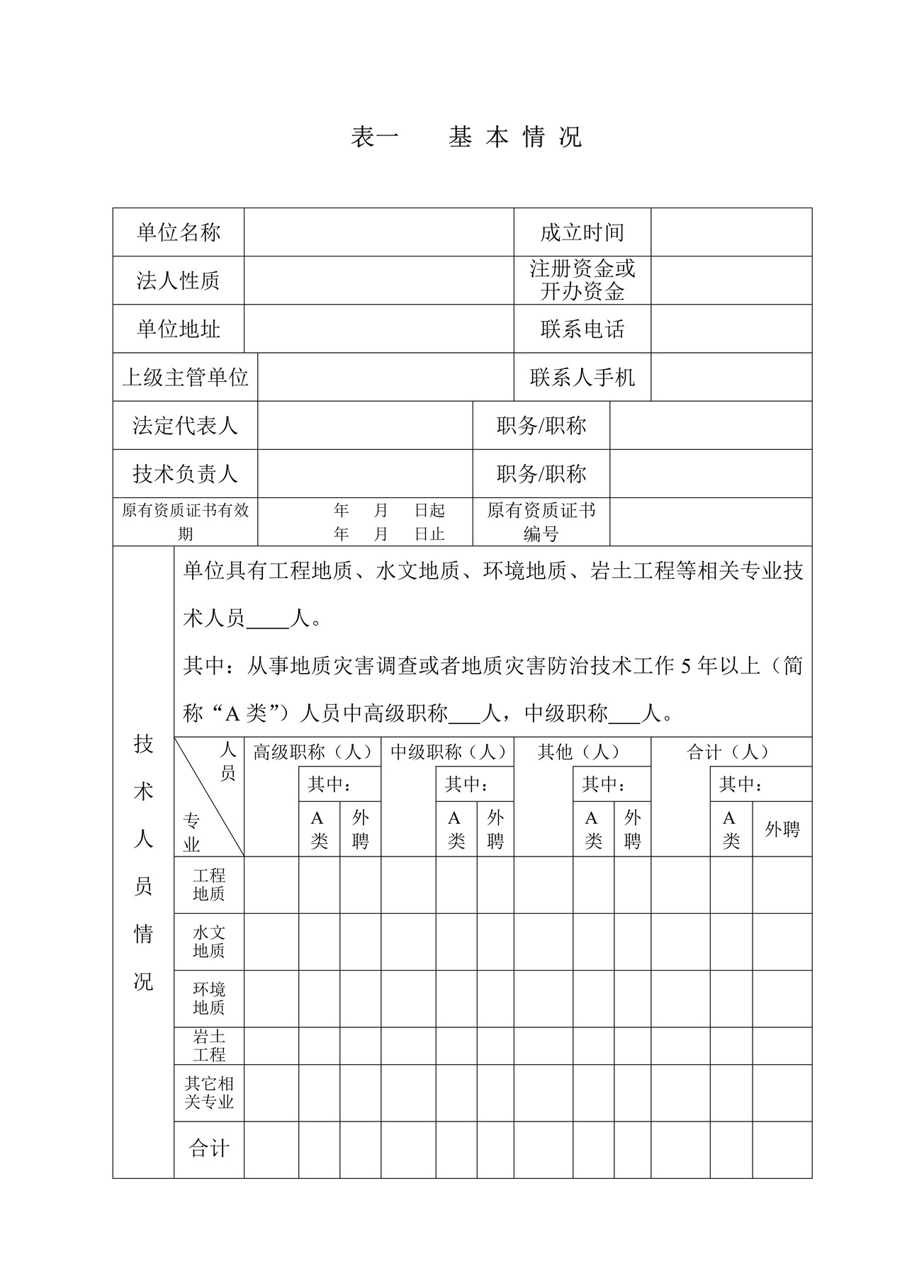 地质灾害危险性评估单位资质申请表