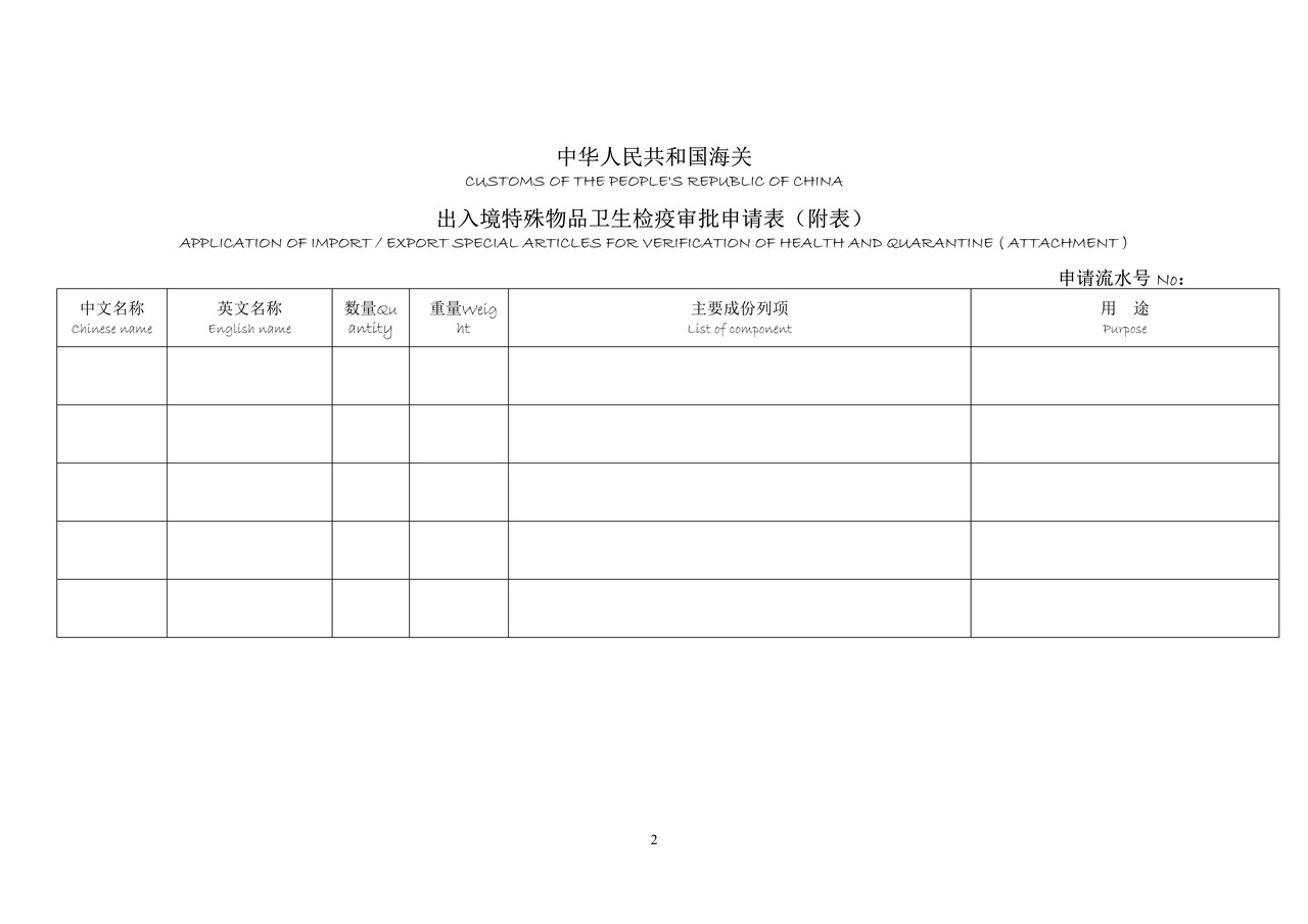 出入境特殊物品卫生检疫审批申请表（石家庄海关）