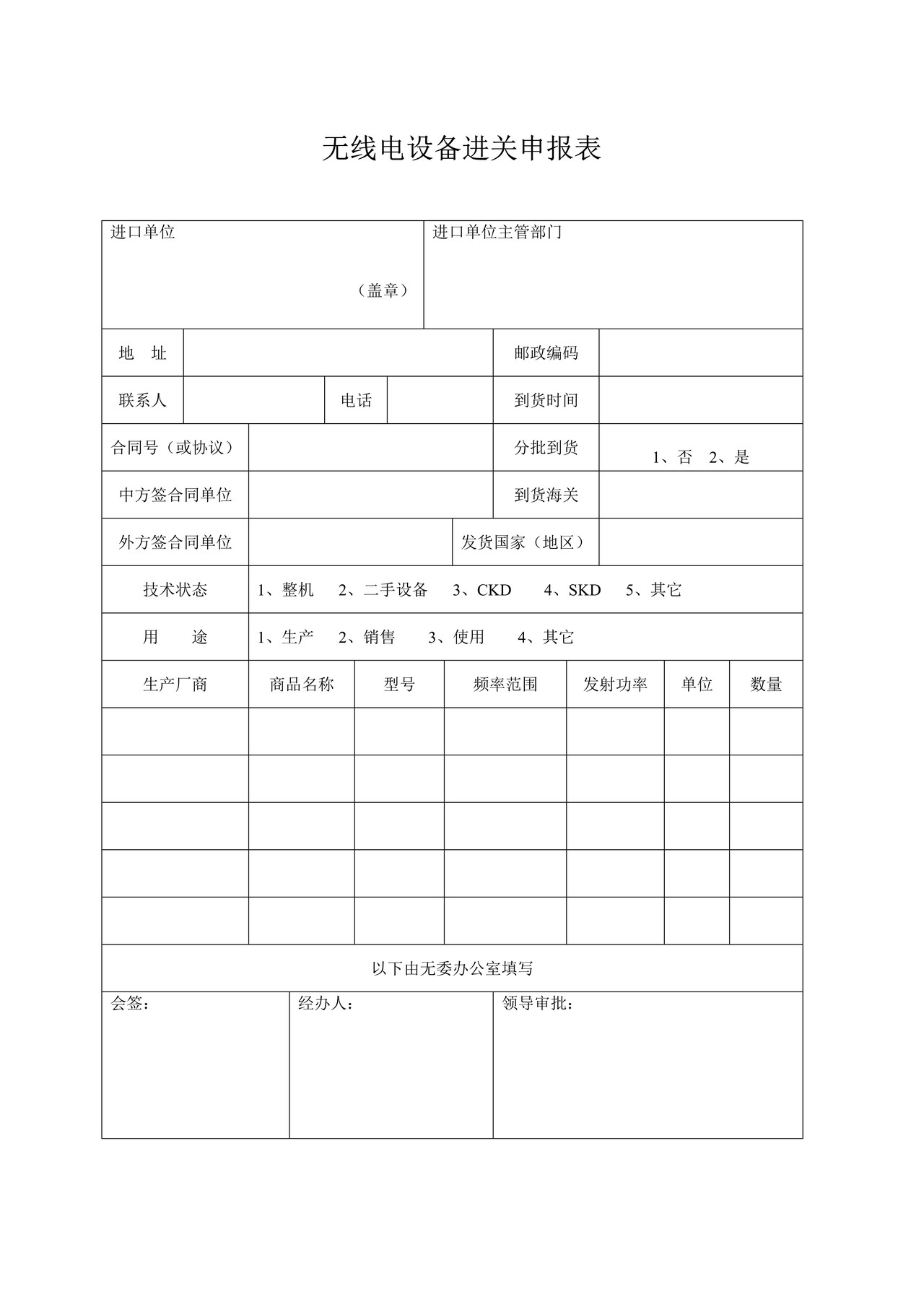无线电设备进关申报表