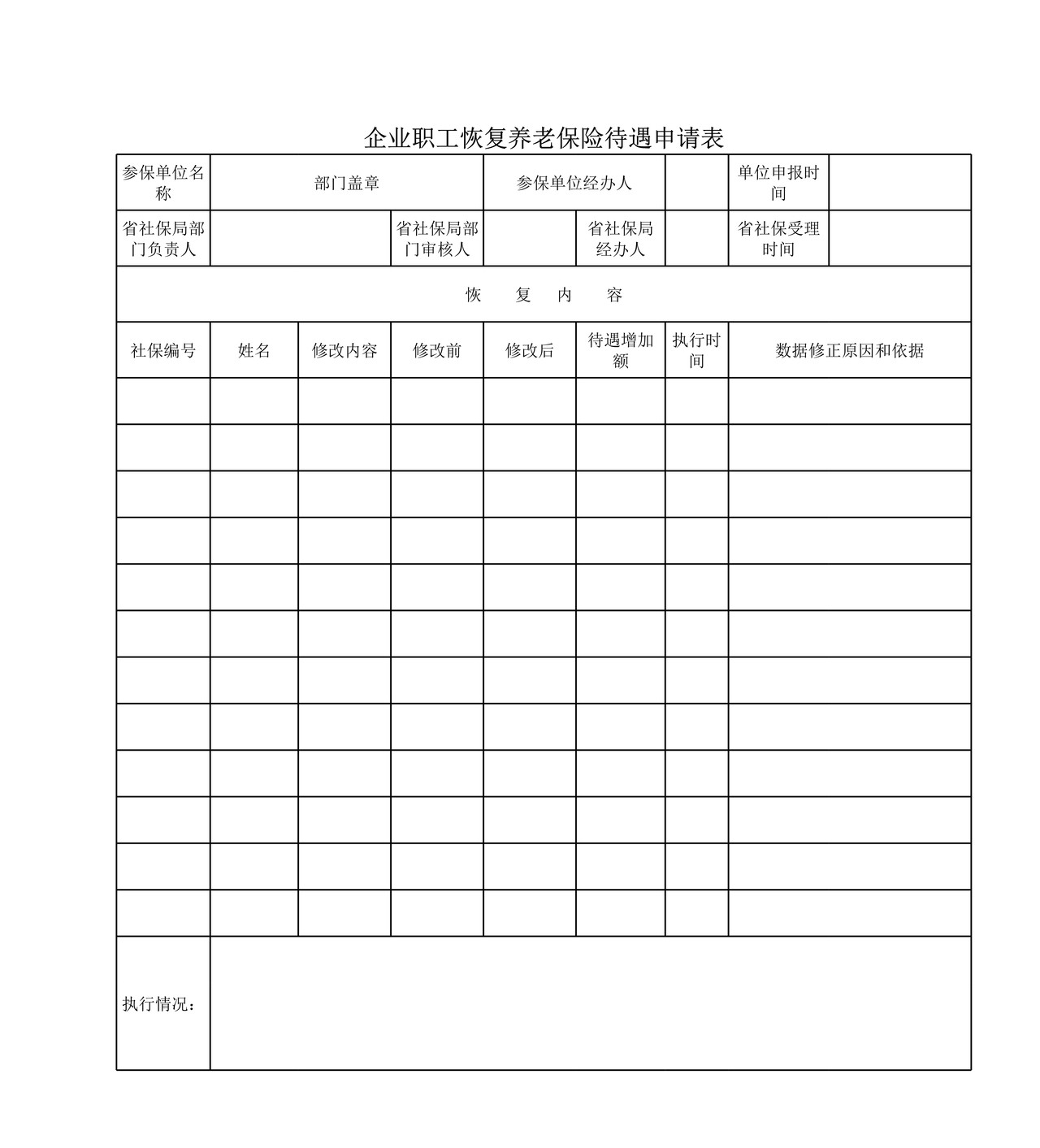 企业职工恢复养老保险待遇申请表