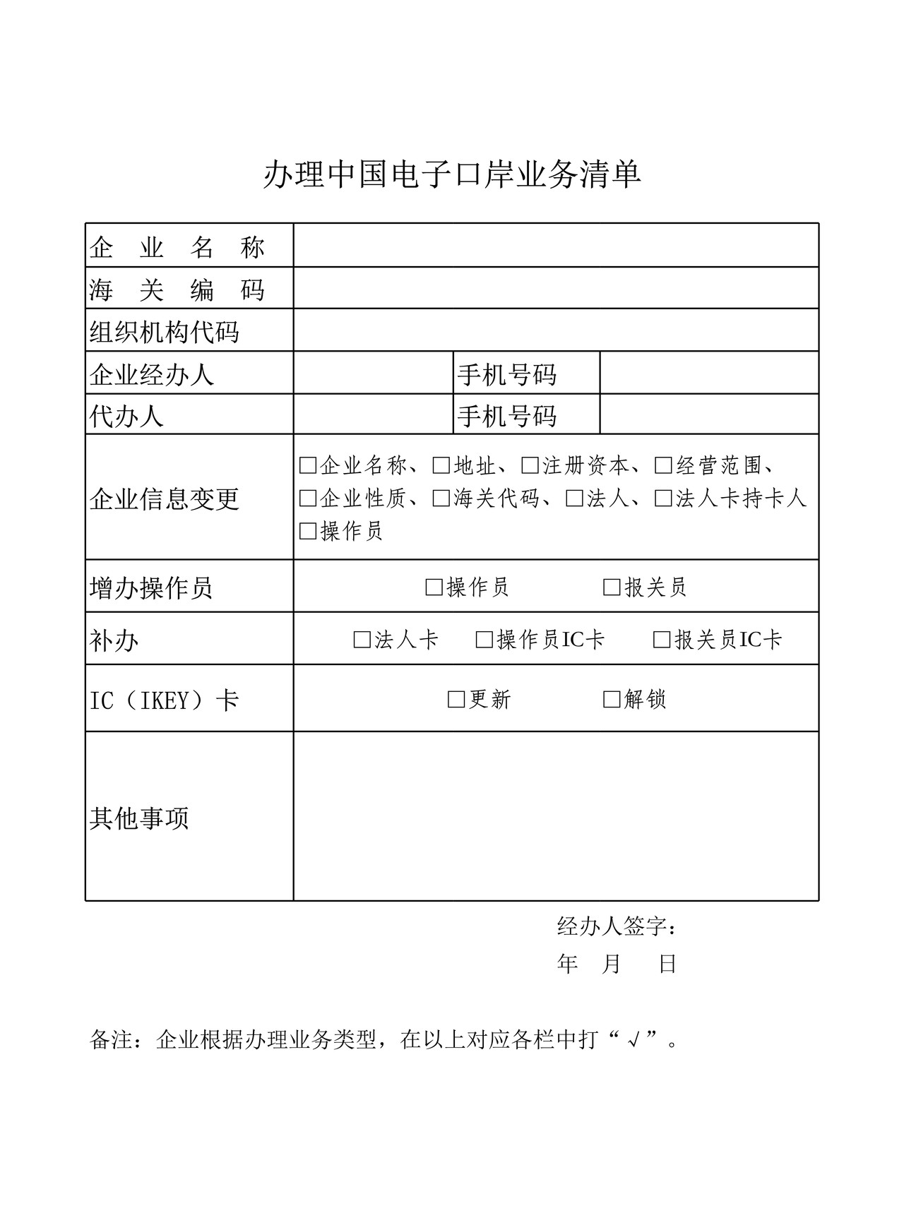 办理中国电子口岸业务清单