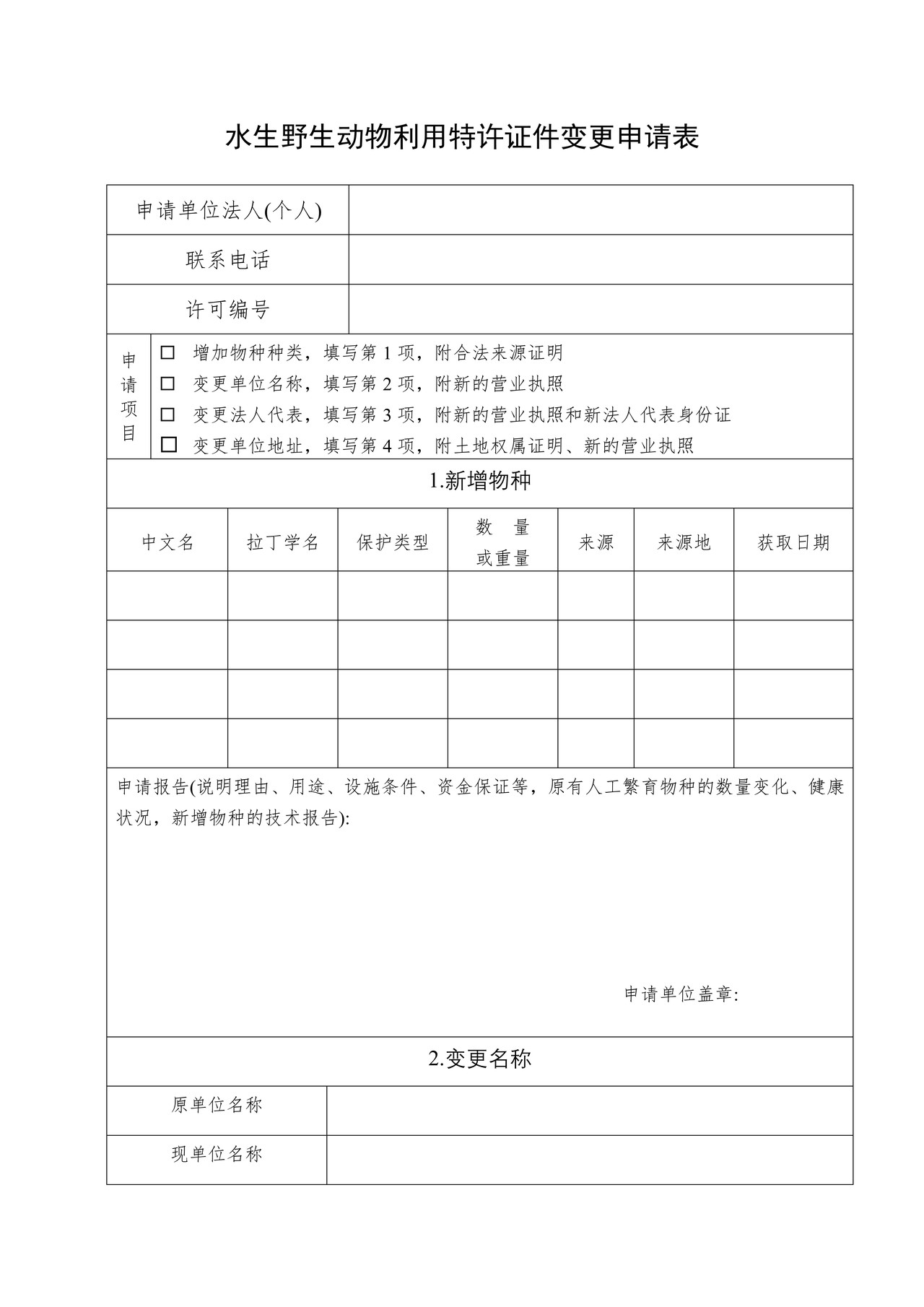 水生野生动物利用特许证件变更申请表