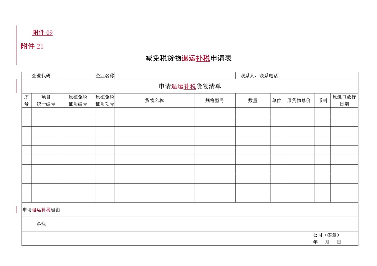 附件9：减免税货物补税申请表