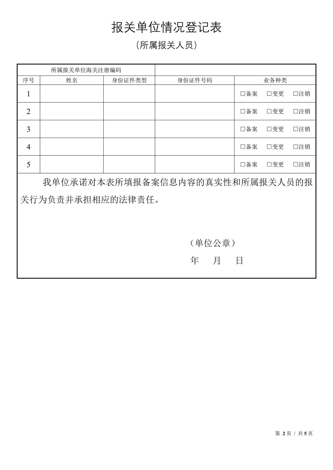 报关单位情况登记表(2015)