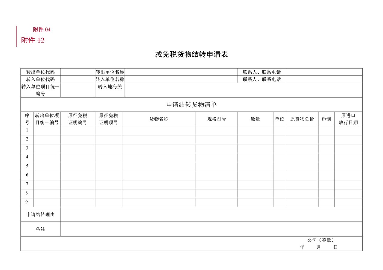 附件4：减免税货物结转申请表