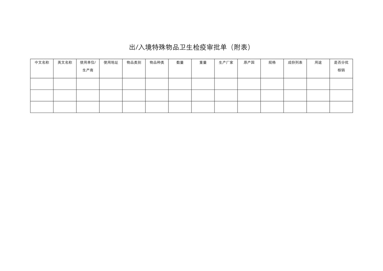 出入境特殊物品卫生检疫审批单