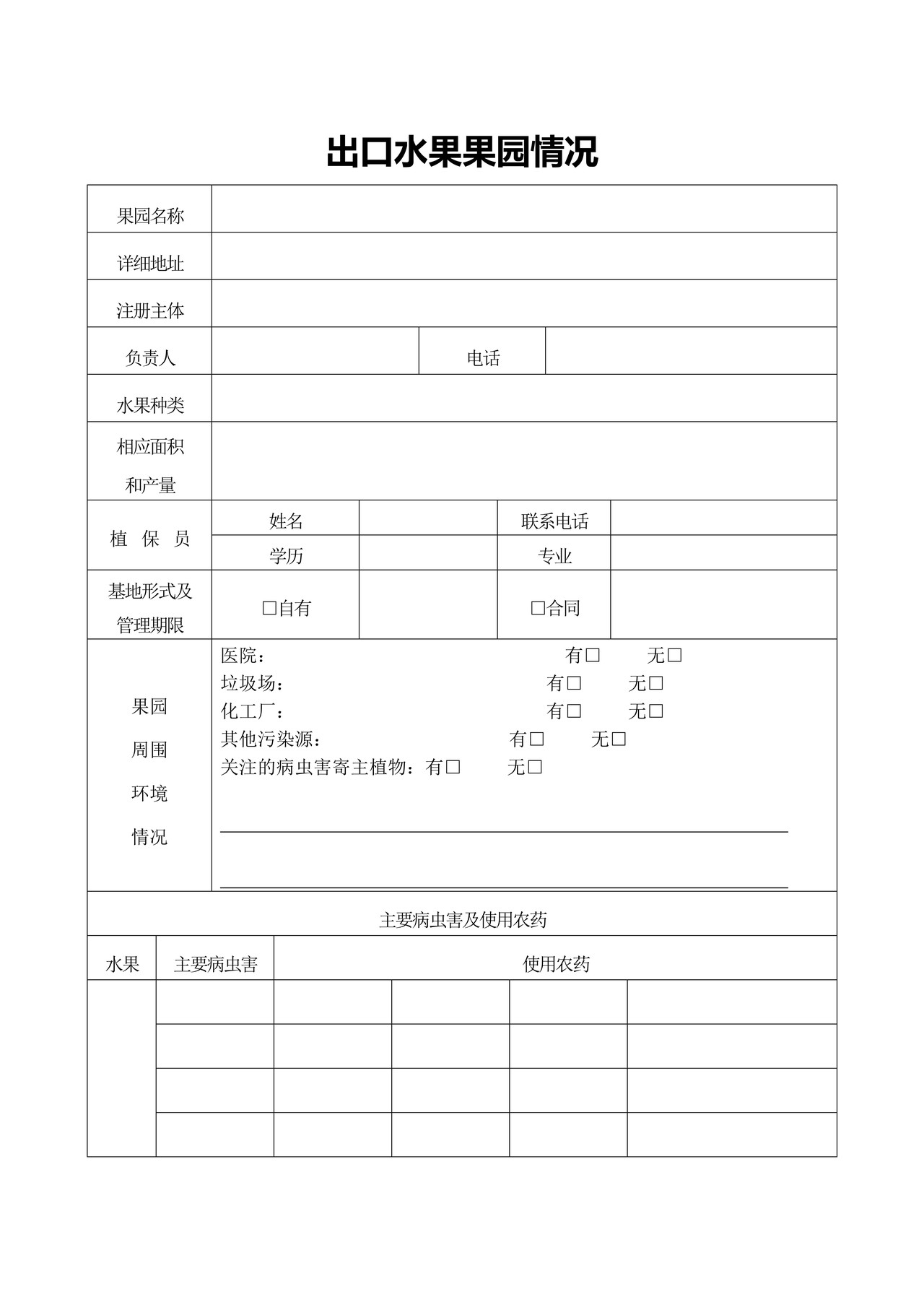 出口水果果园注册登记申请表（拉萨海关）