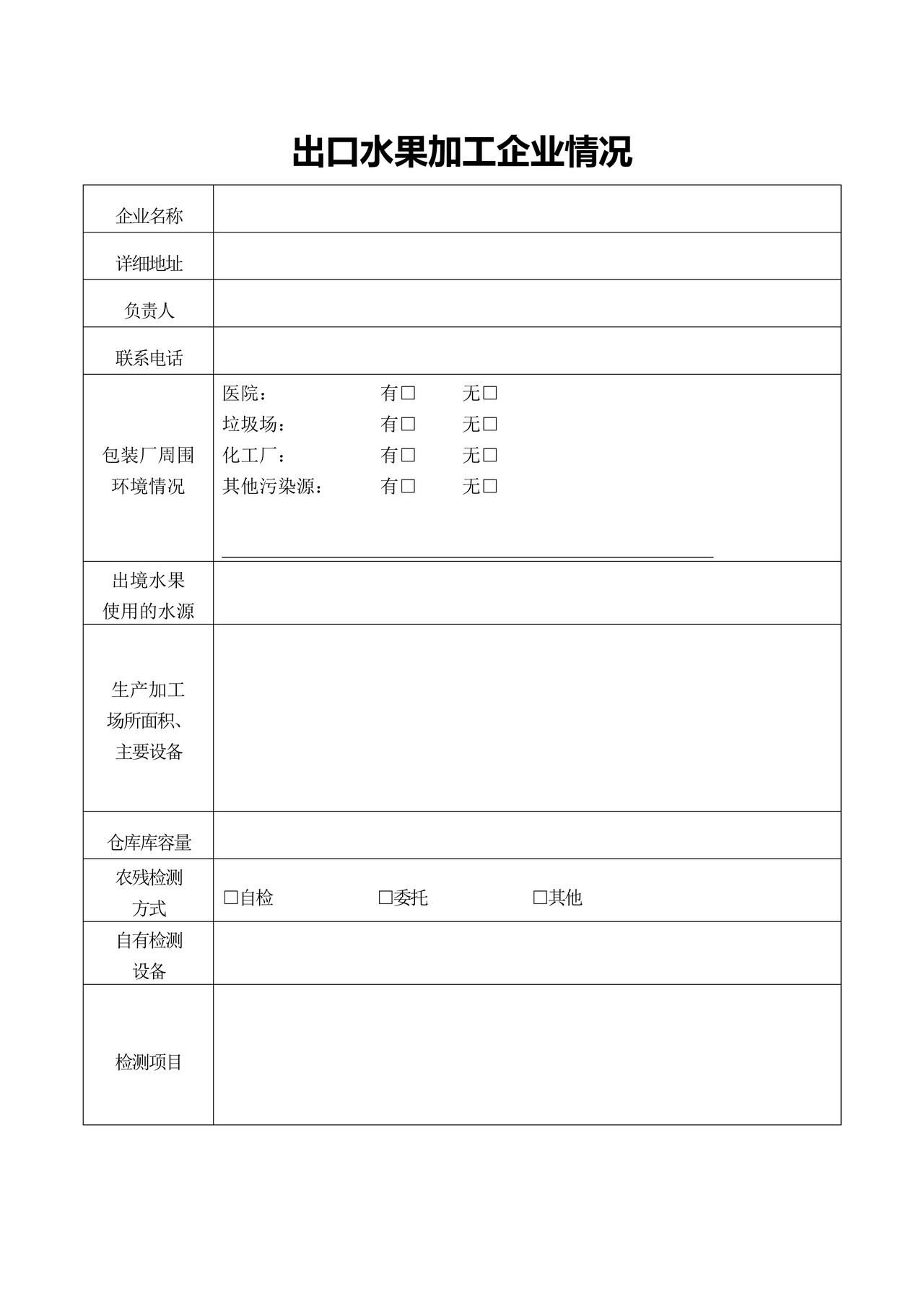 出口水果加工企业注册登记申请表（拉萨海关）