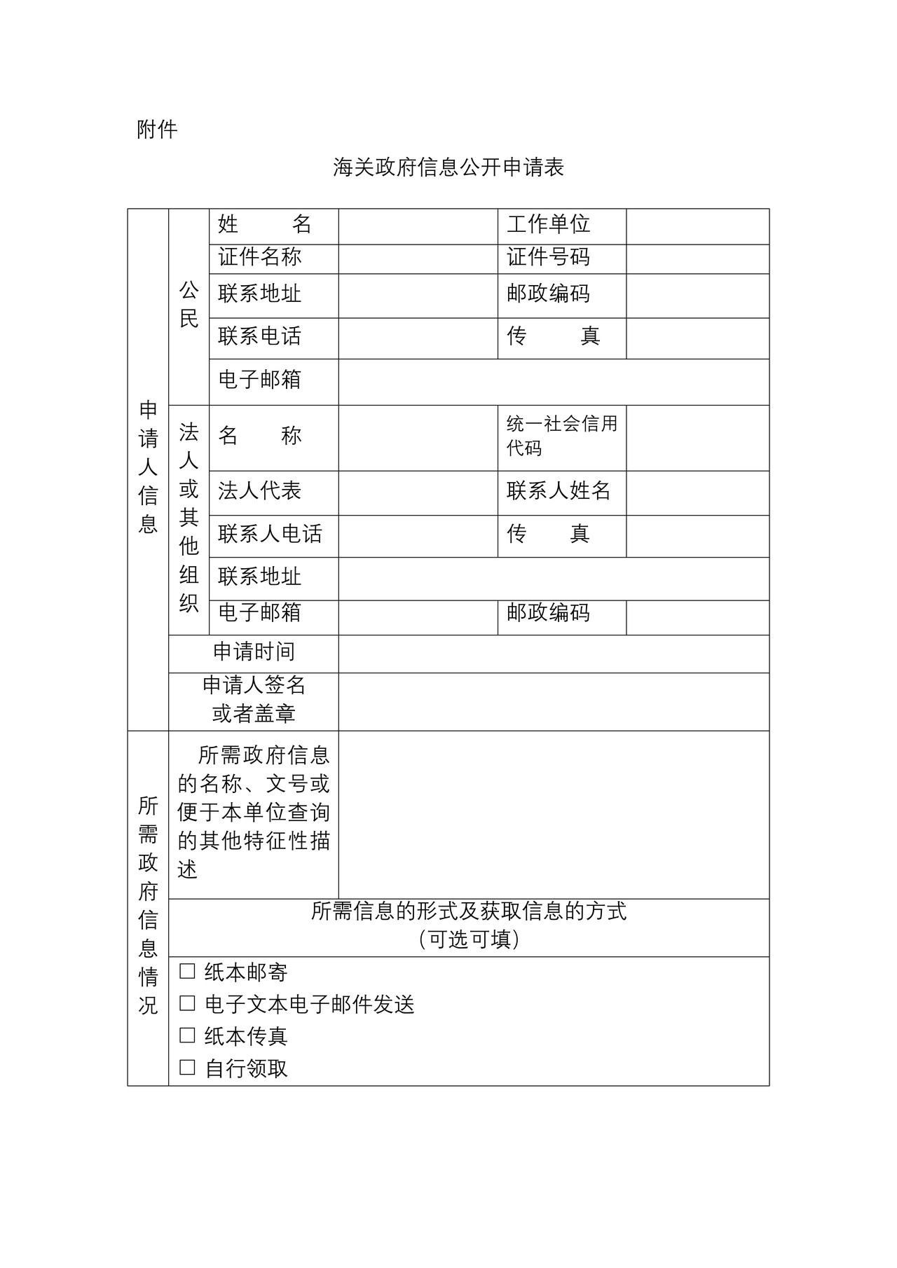海关政府信息公开申请表
