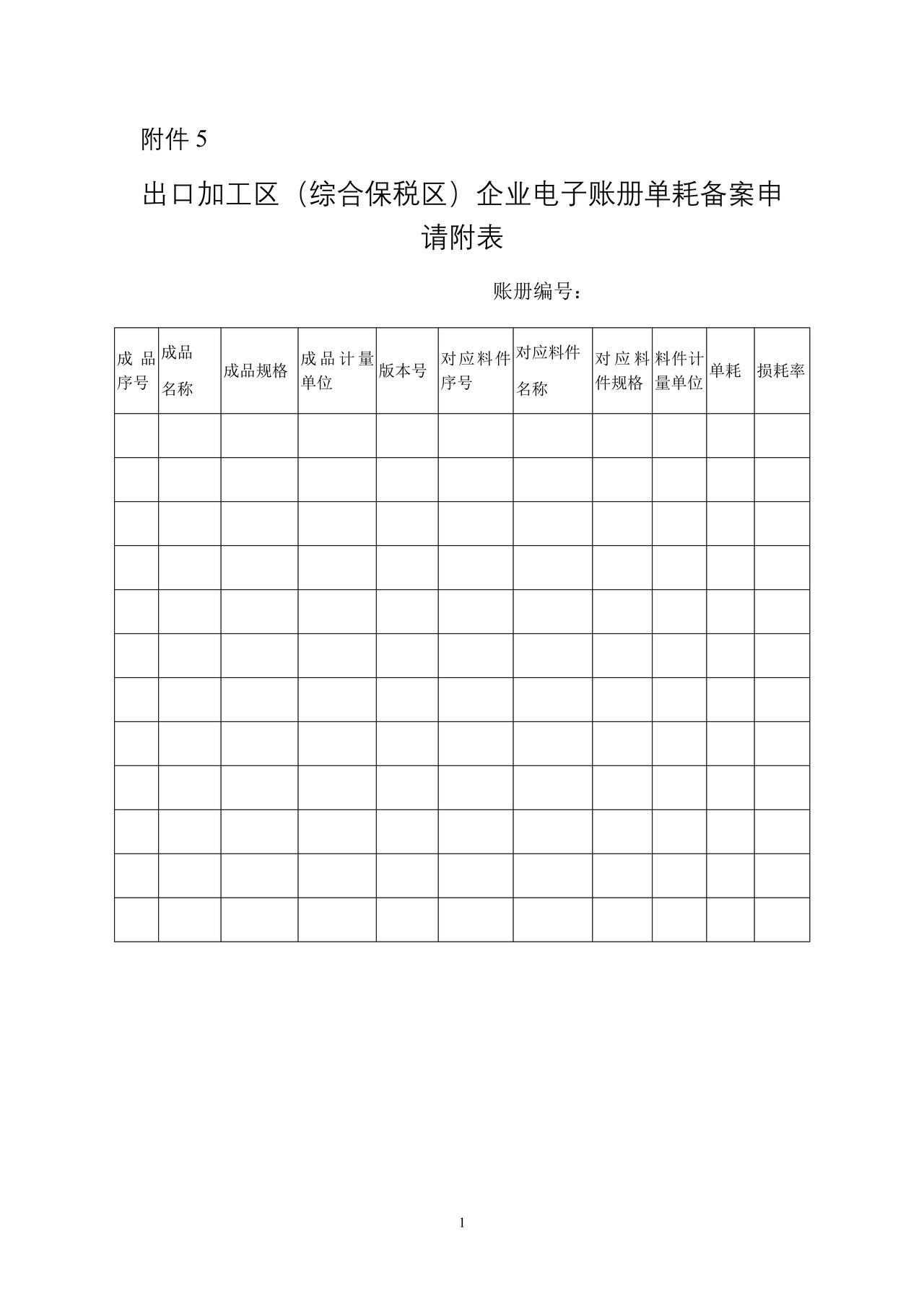 出口加工区（综合保税区）企业电子账册单耗备案申请附表