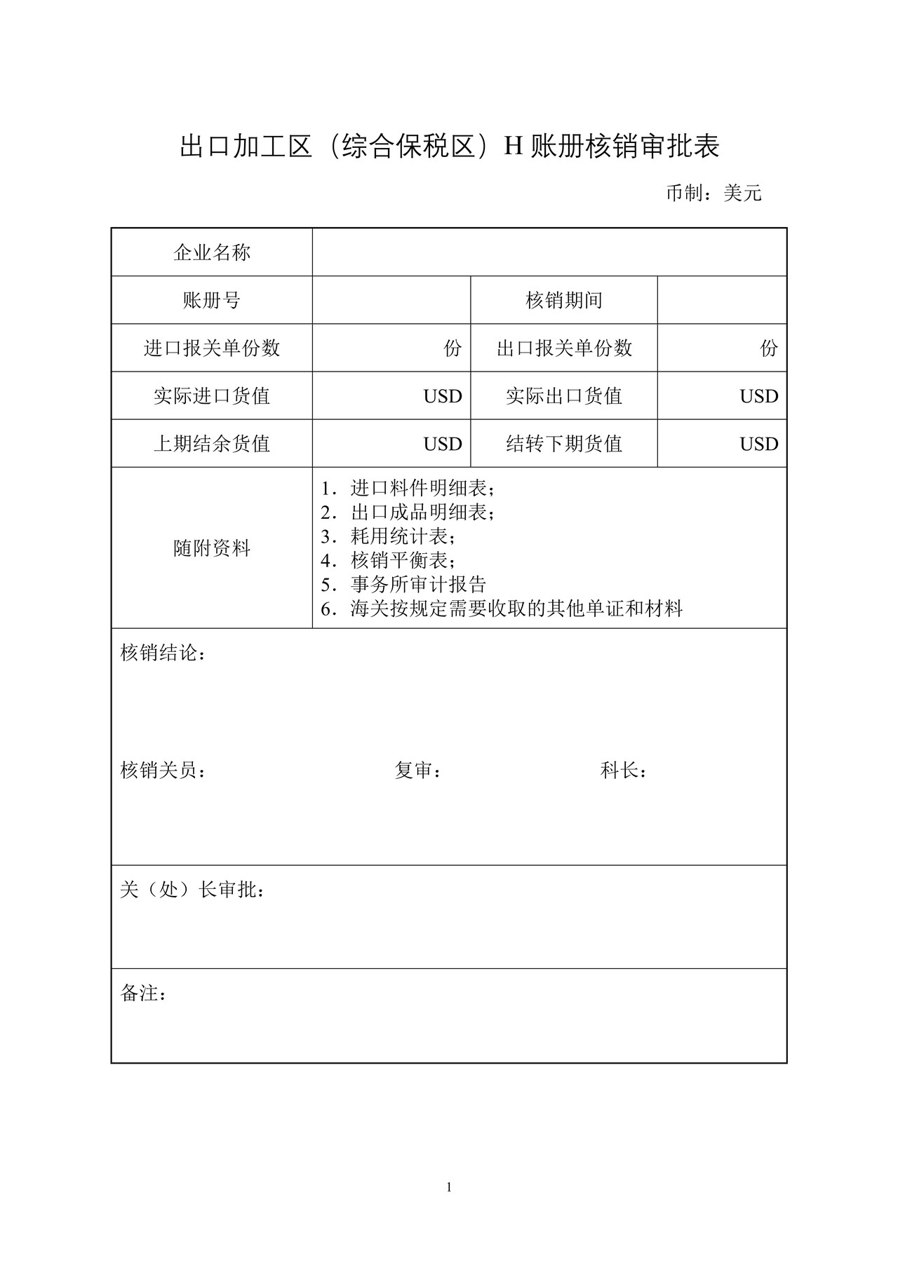 出口加工区（综合保税区）H账册核销审批表