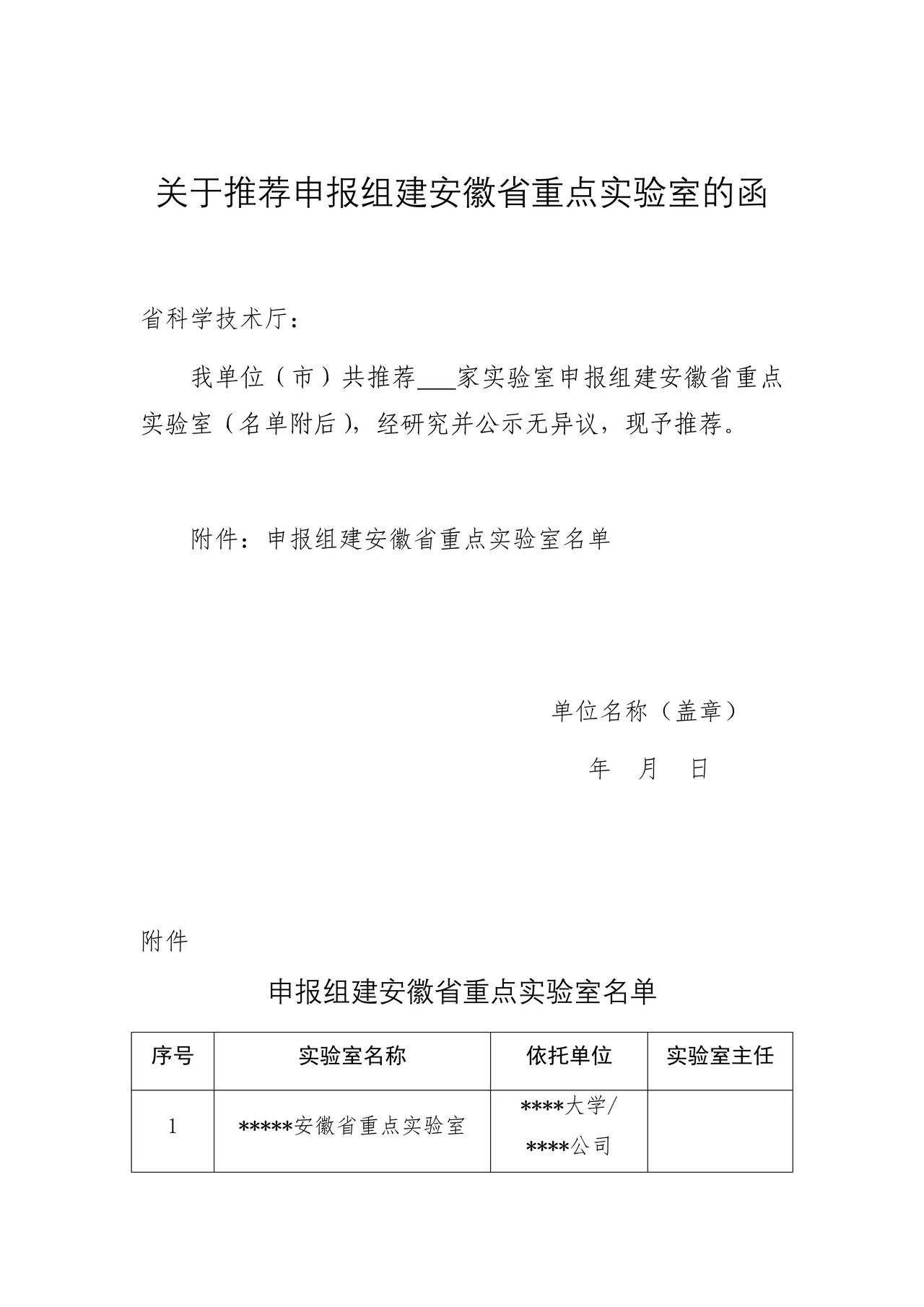 关于推荐申报组建安徽省重点实验室的函