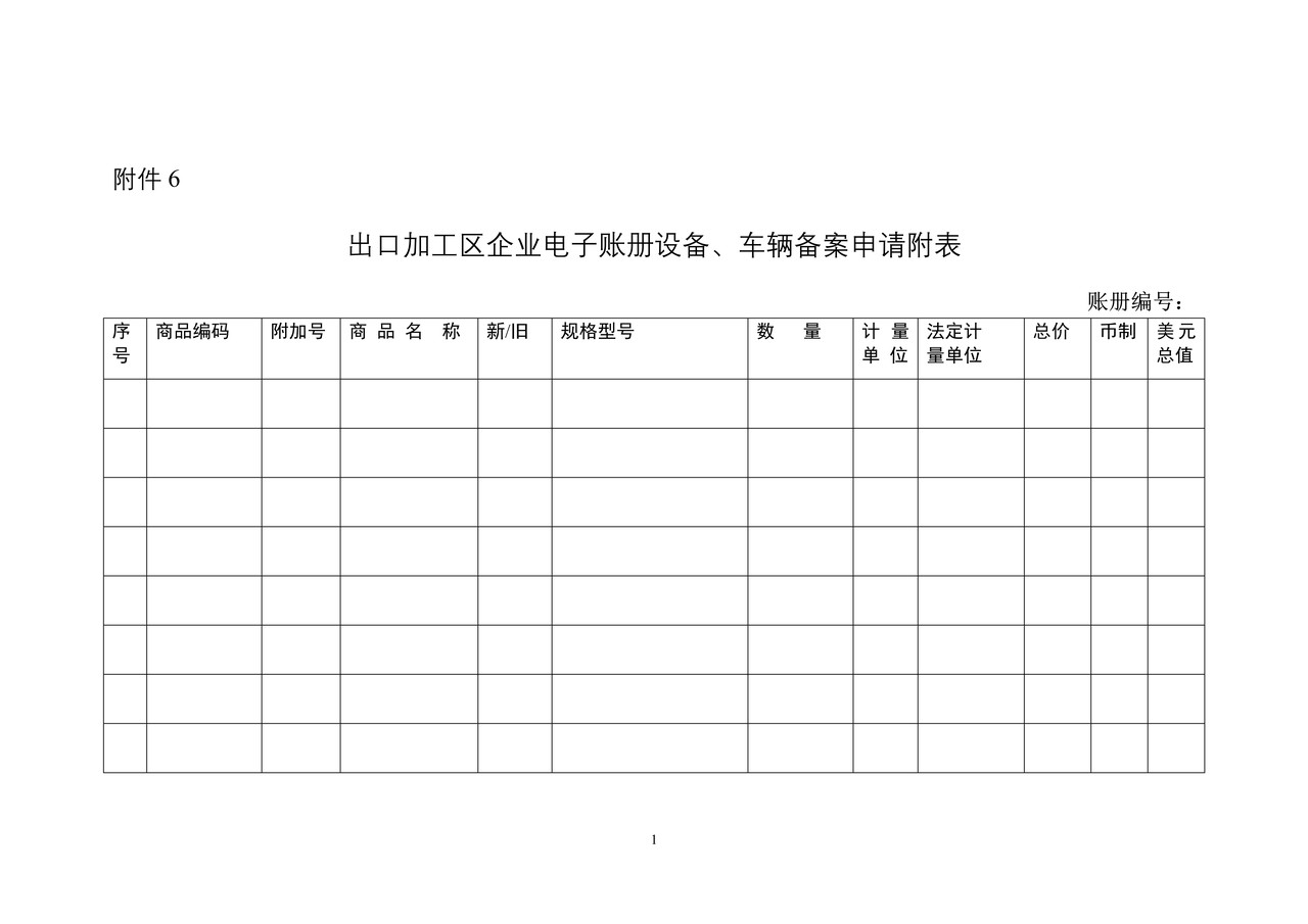 出口加工区企业电子账册设备、车辆备案申请附表