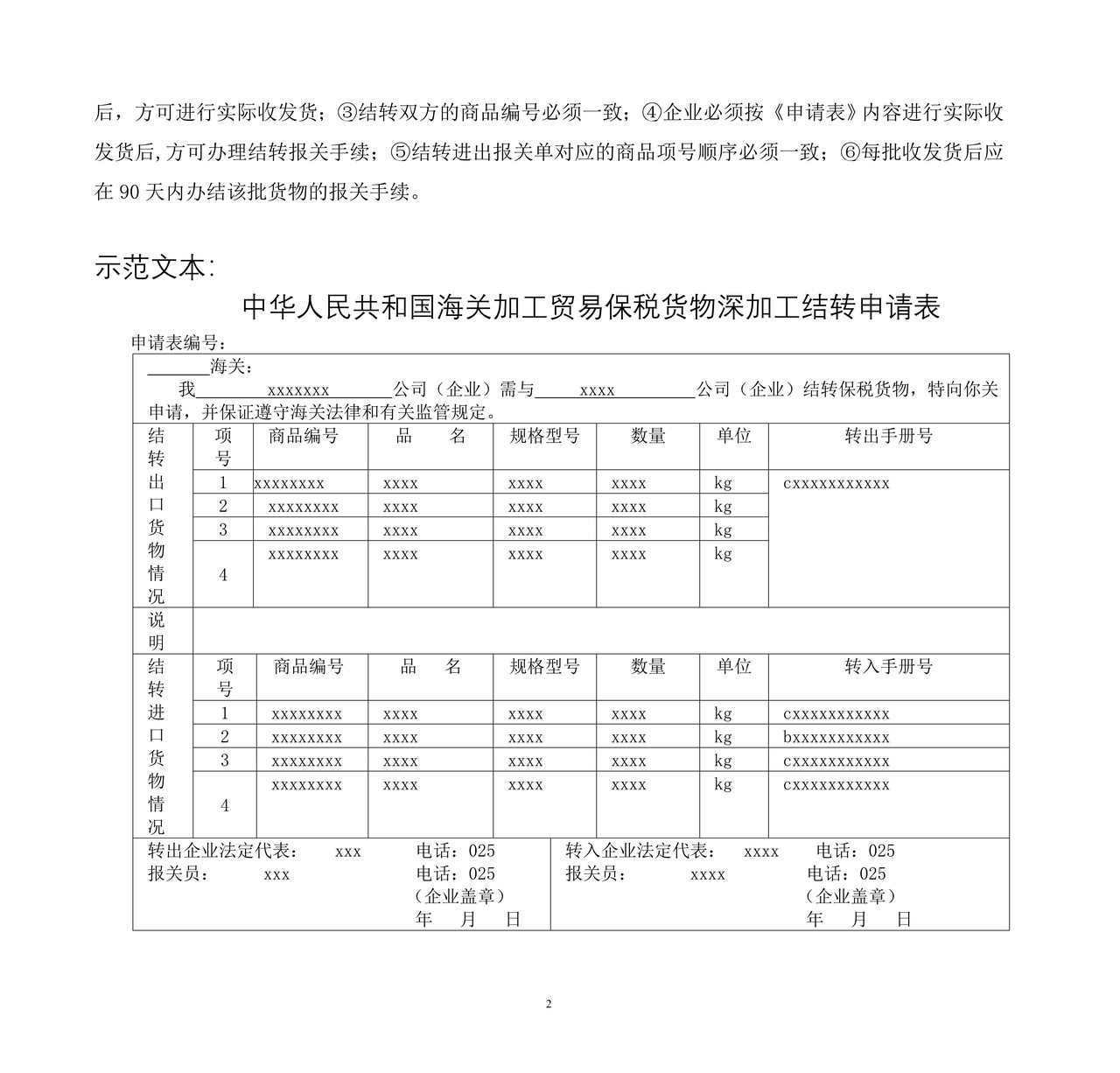 中华人民共和国海关加工贸易保税货物深加工结转申请表