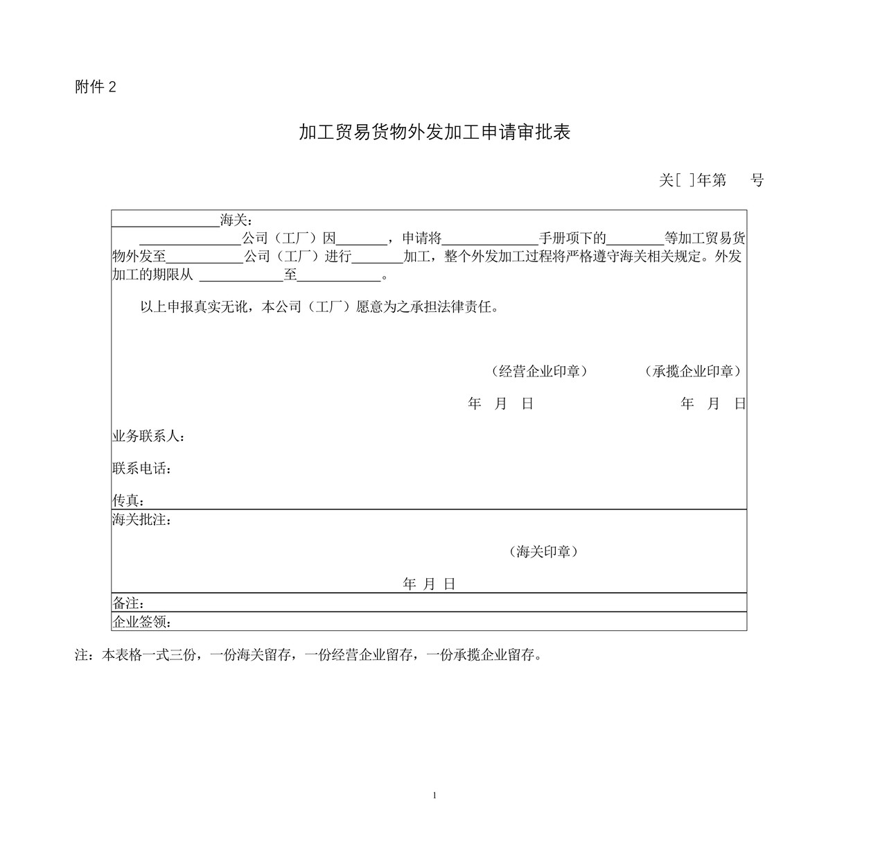 加工贸易货物外发加工申请审批表