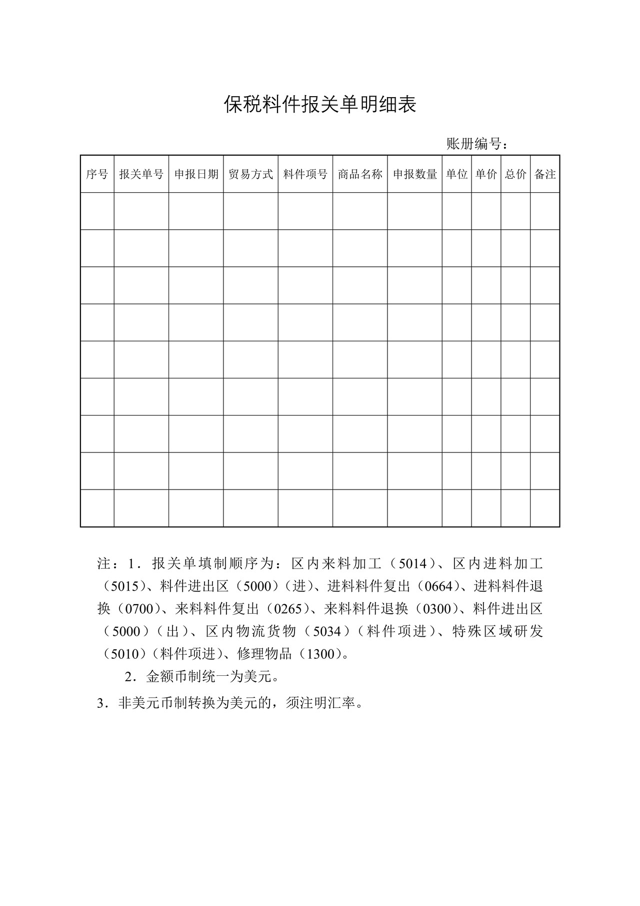保税料件报关单明细表