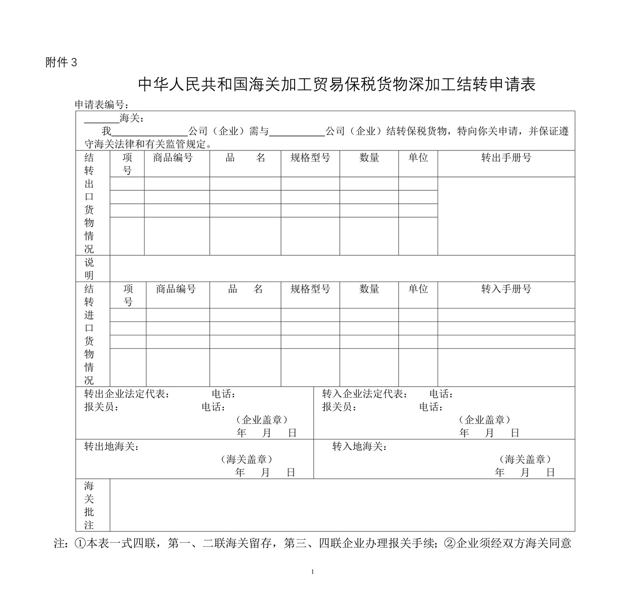 中华人民共和国海关加工贸易保税货物深加工结转申请表