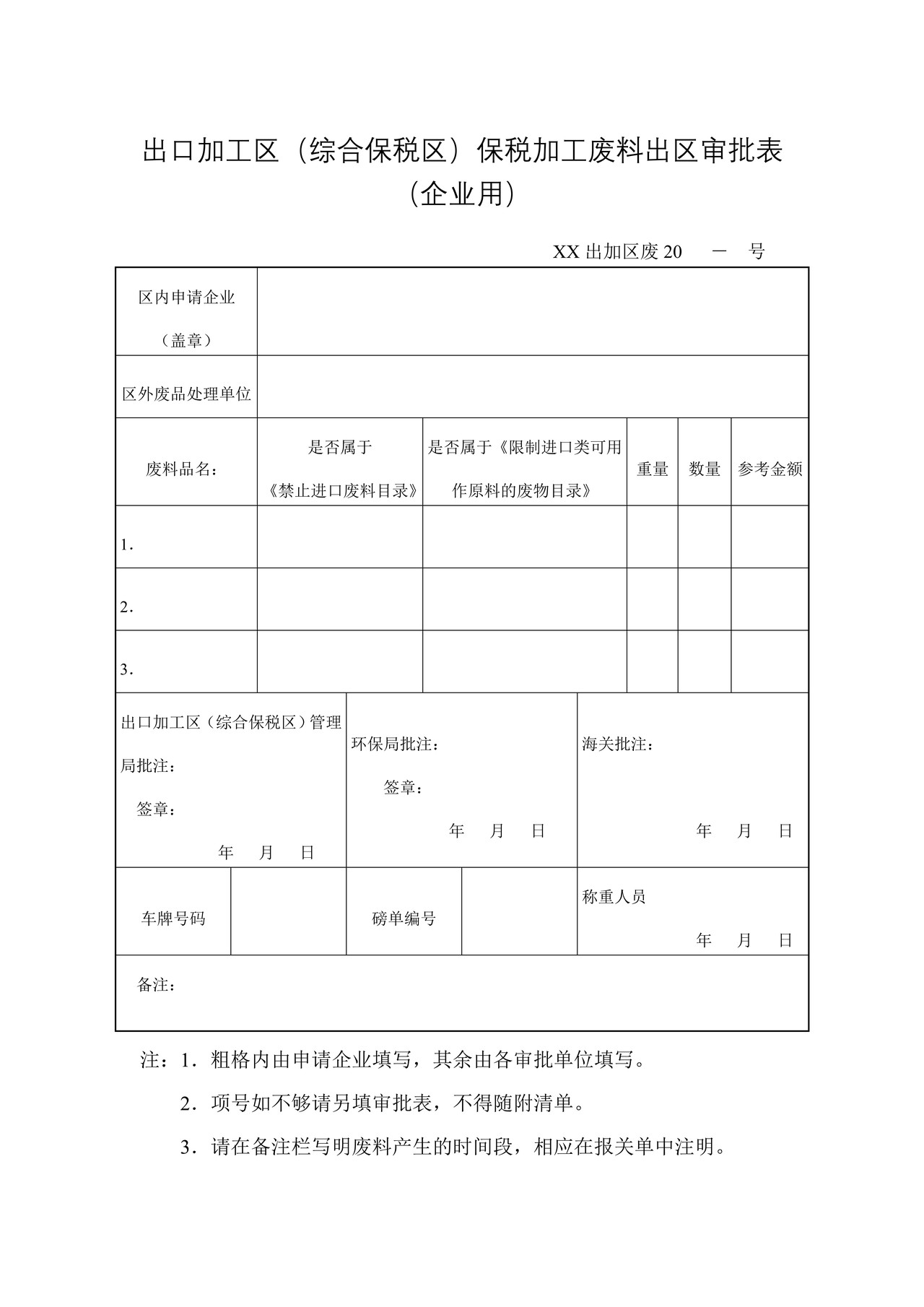 出口加工区（综合保税区）保税加工废料出区审批表