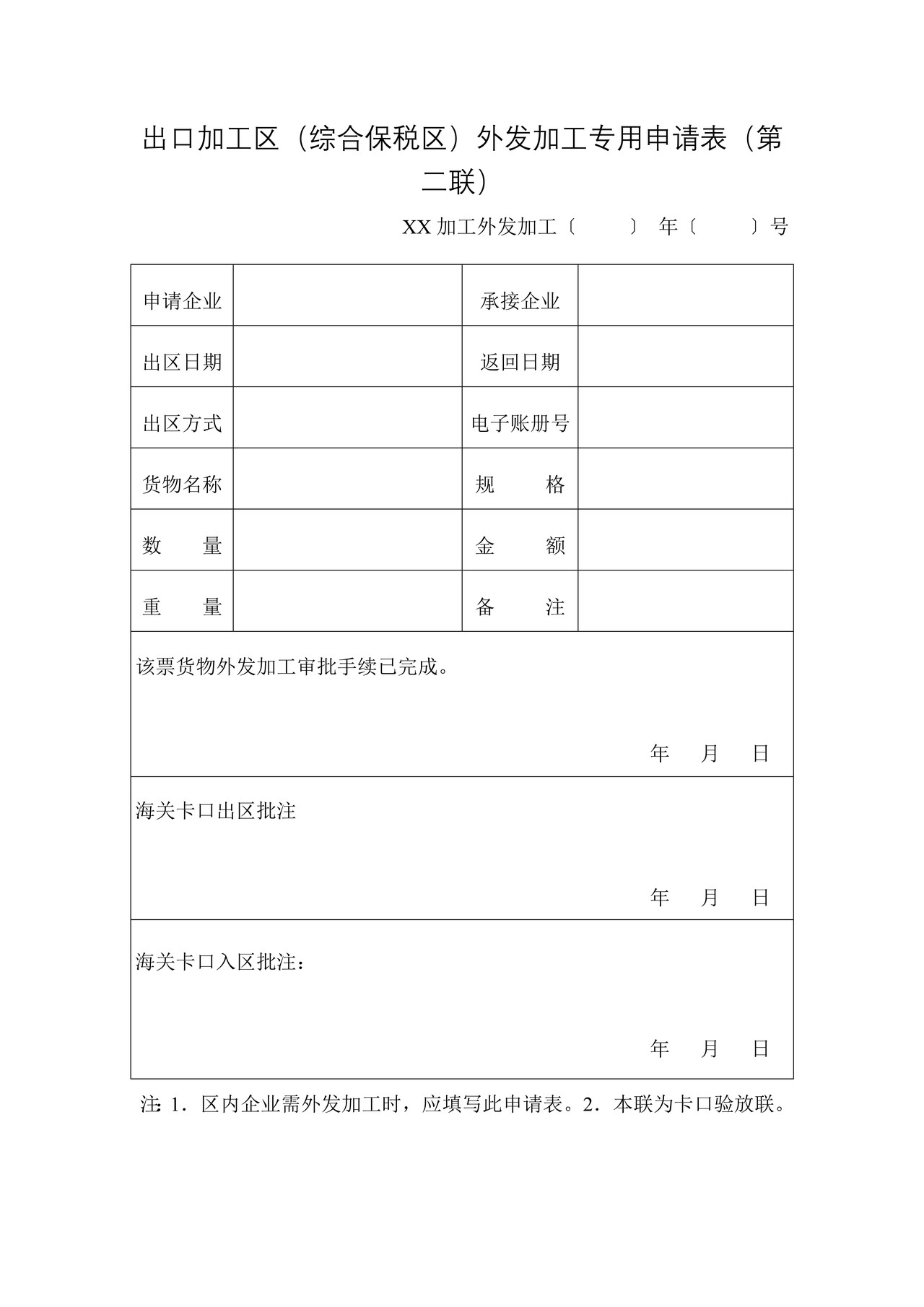 出口加工区（综合保税区）外发加工专用申请表
