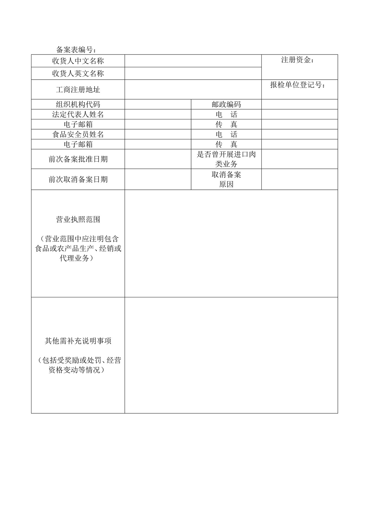 进口肉类收货人备案申请表