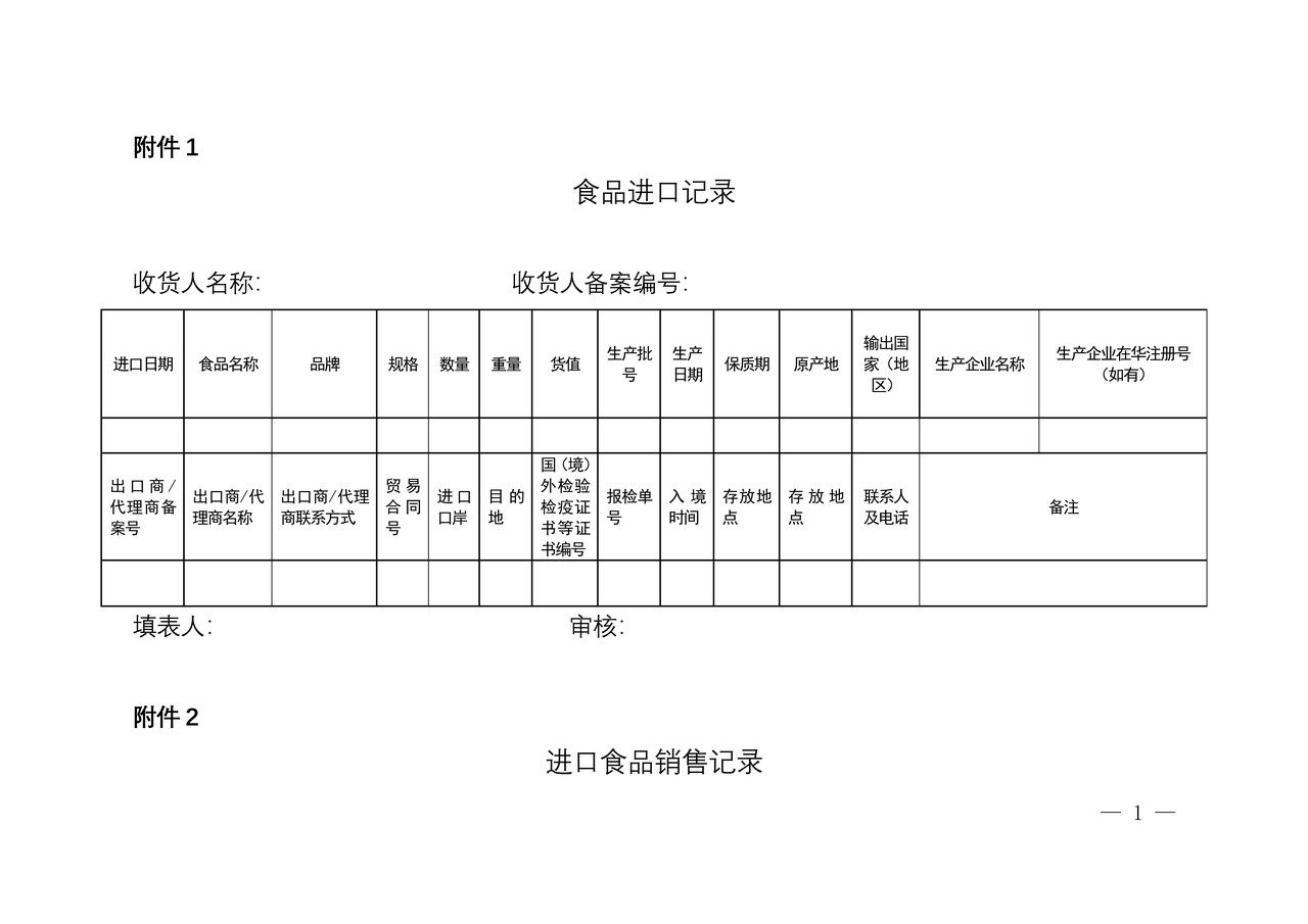 食品进口记录、进口食品销售记录