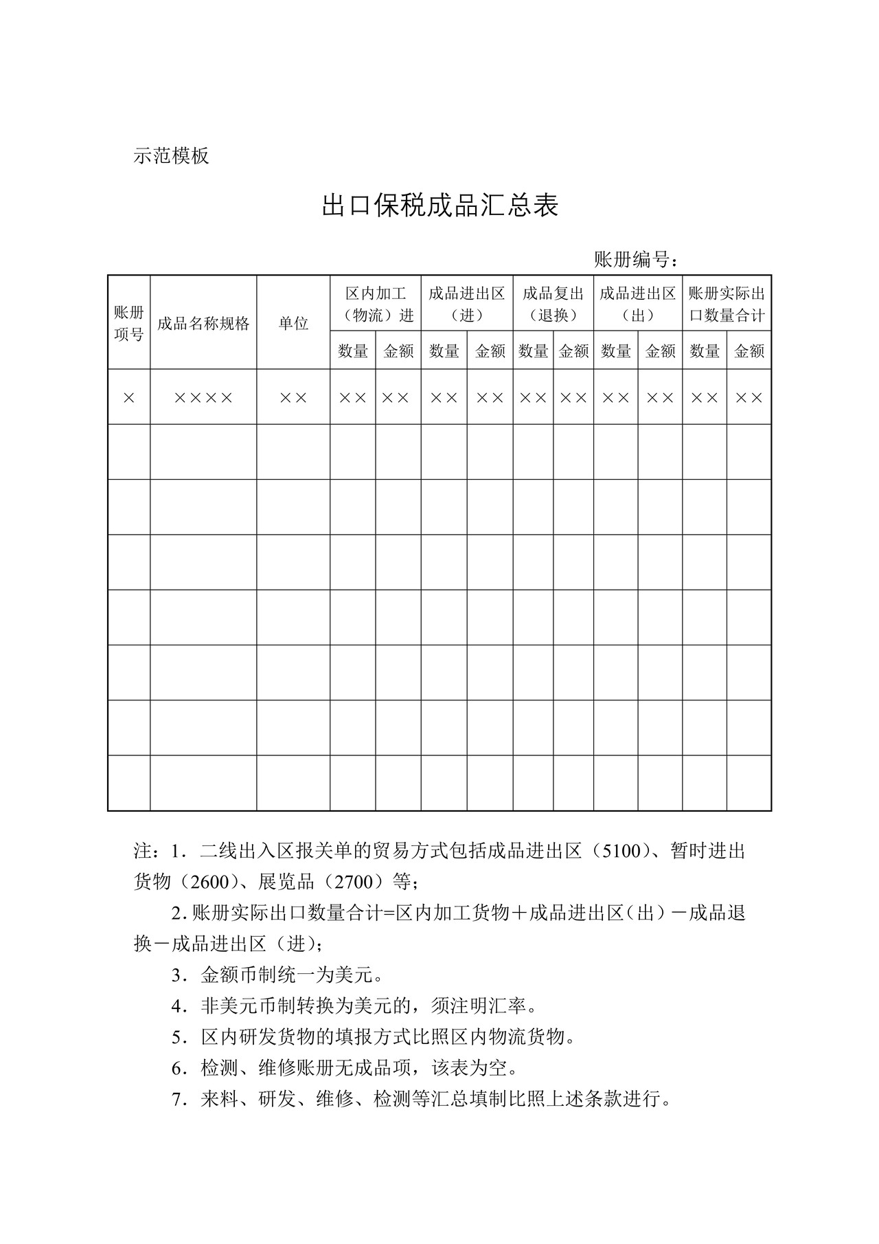 出口保税成品汇总表