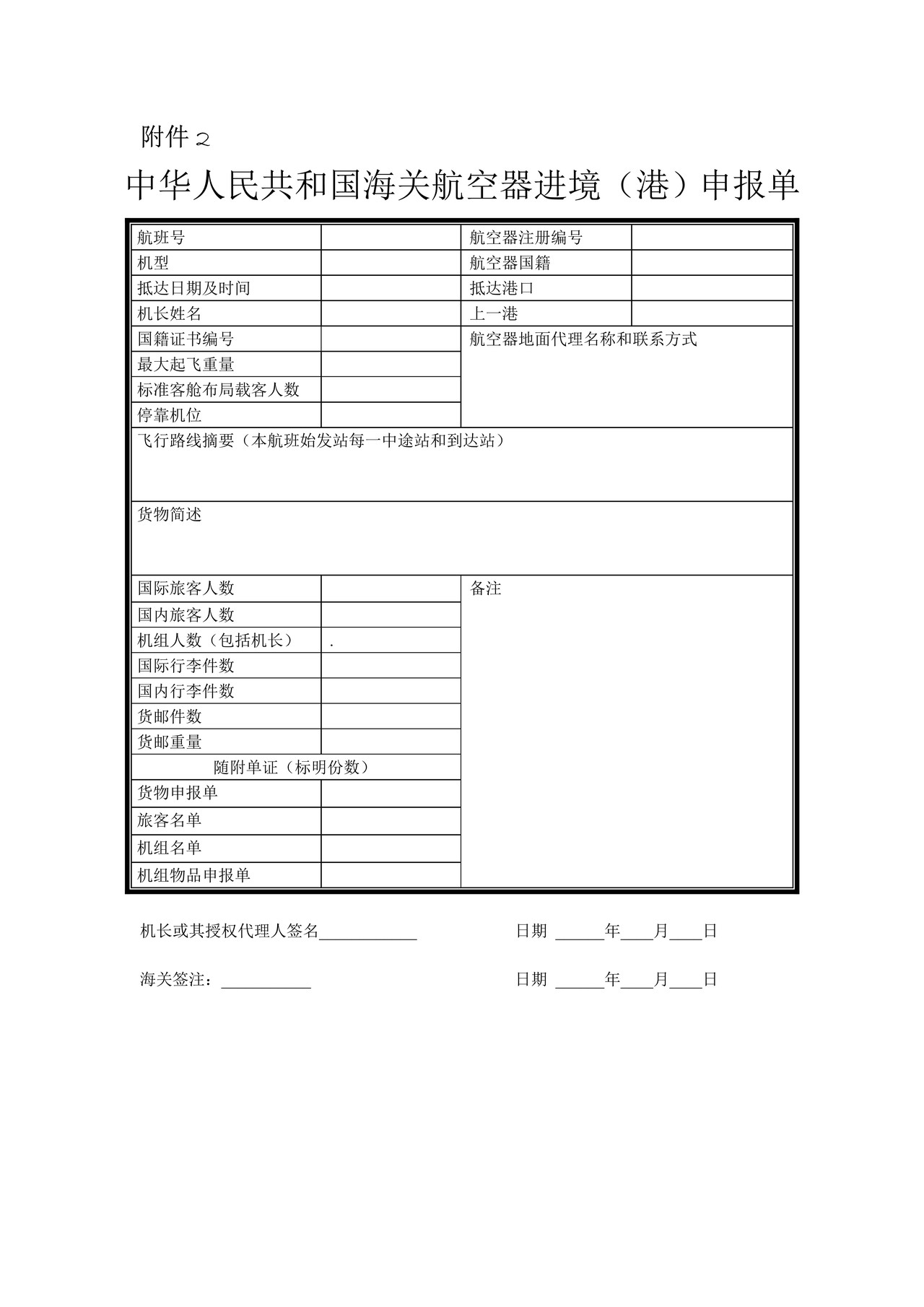 中华人民共和国海关航空器进境（港）申报单
