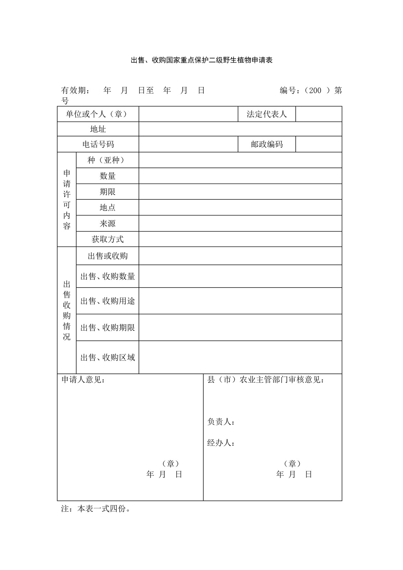 出售、收购国家重点保护二级野生植物申请表
