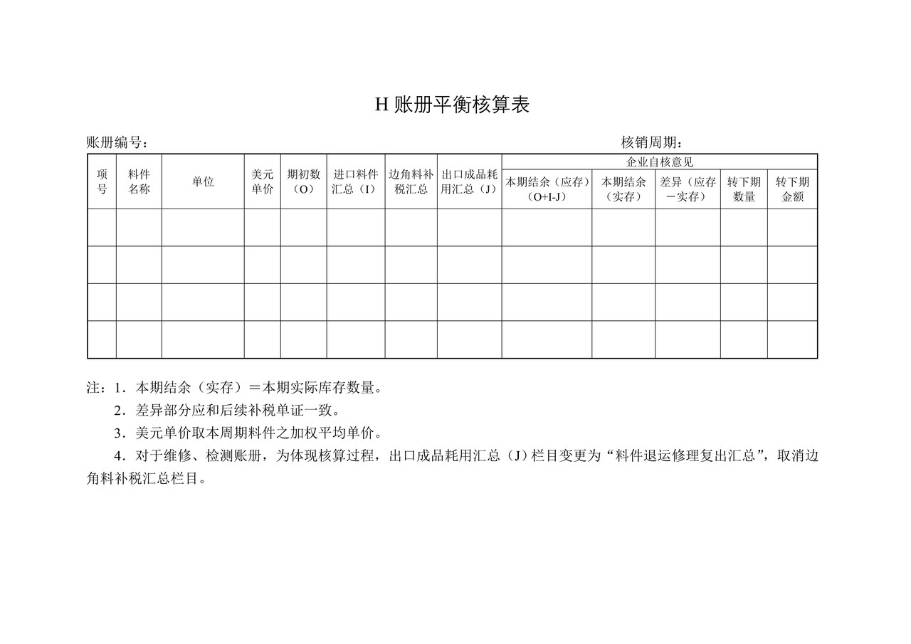 H账册平衡核算表