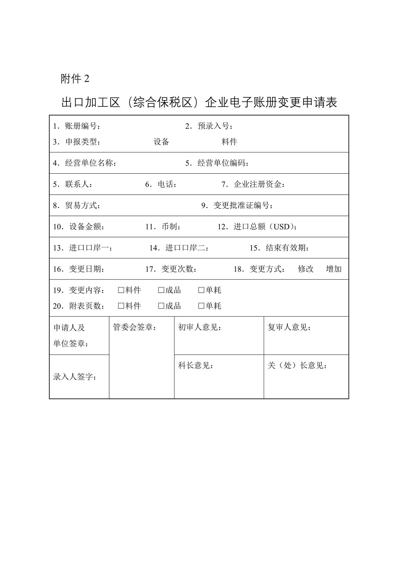 出口加工区（综合保税区）企业电子账册变更申请表