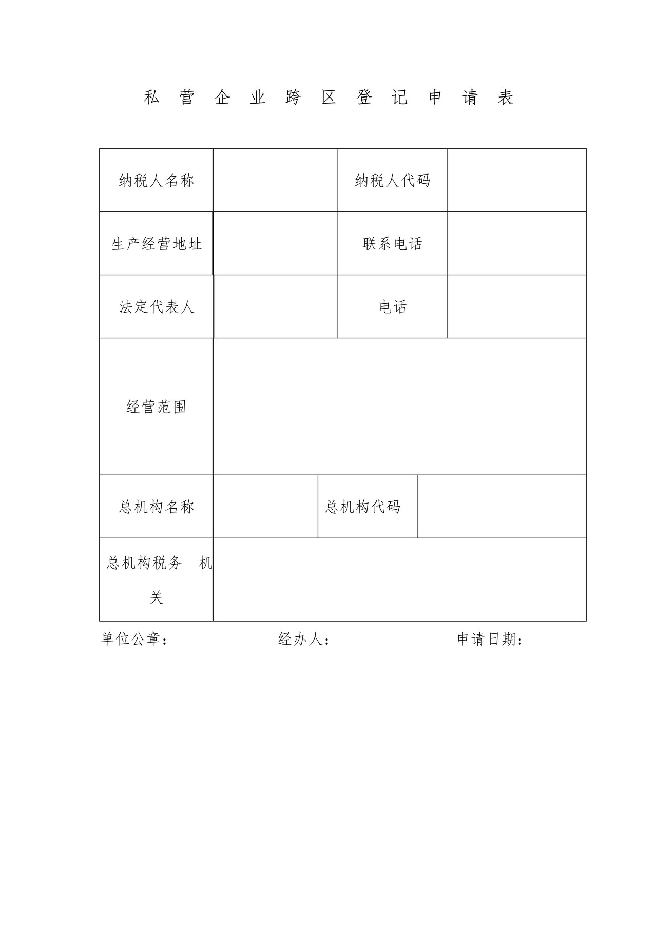 私营企业跨区登记申请表
