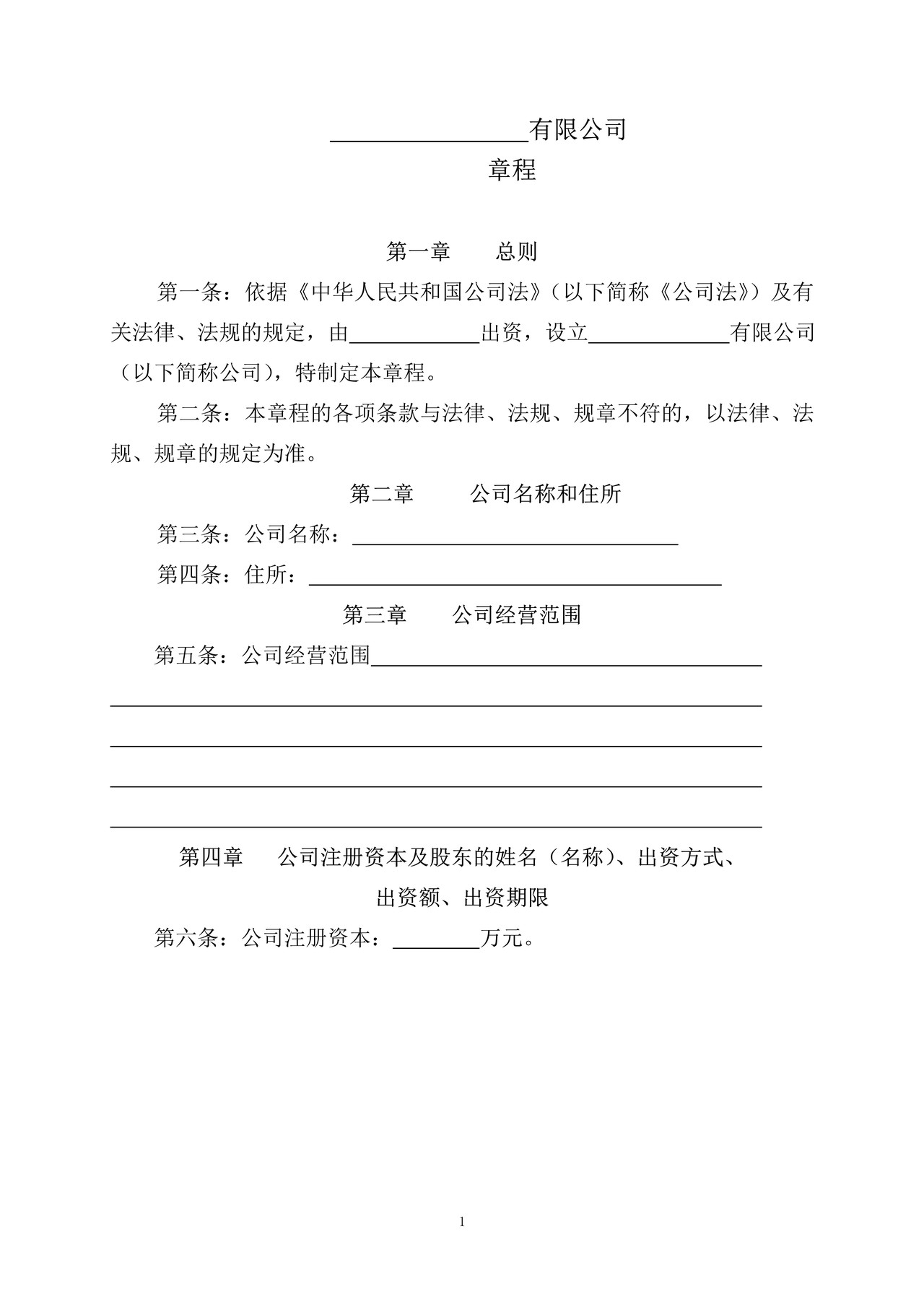 一人独资股东有限责任公司章程及任命书 (不设董事会)