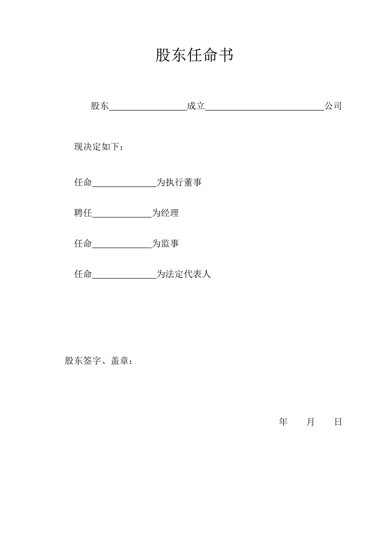 一人独资股东外资公司章程及任命书(不设董事会)