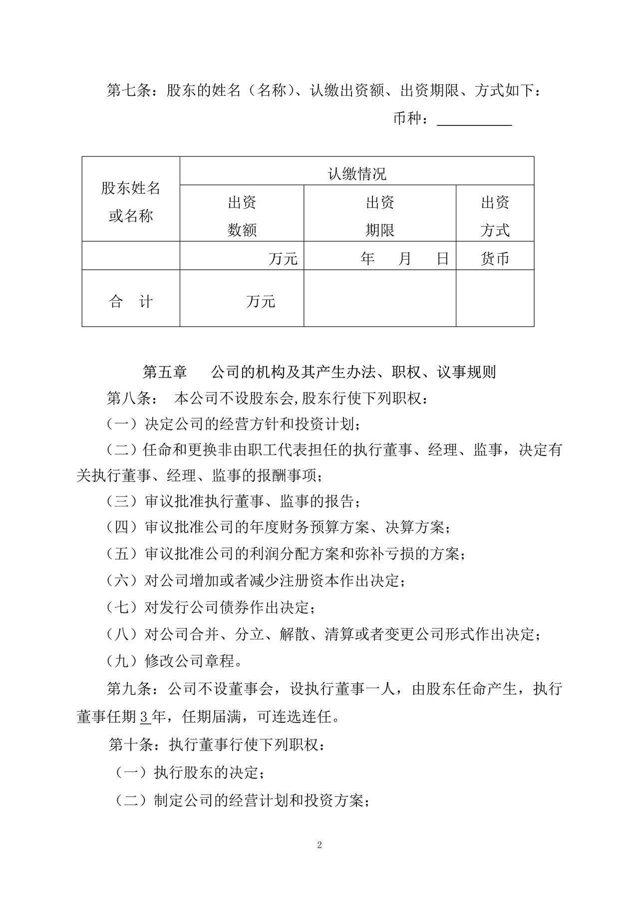 一人独资股东外资公司章程及任命书(不设董事会)