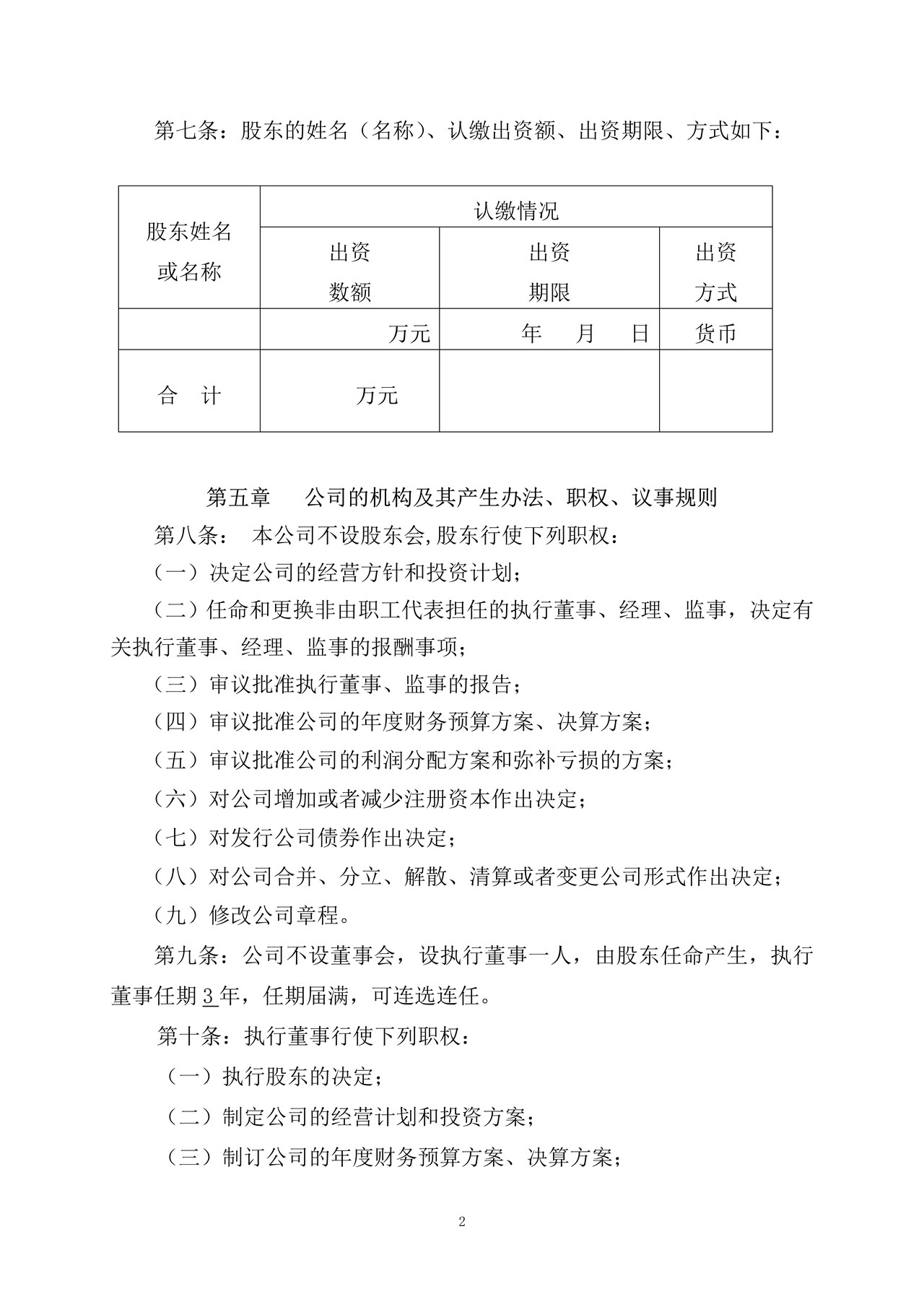 一人独资股东有限责任公司章程及任命书 (不设董事会)