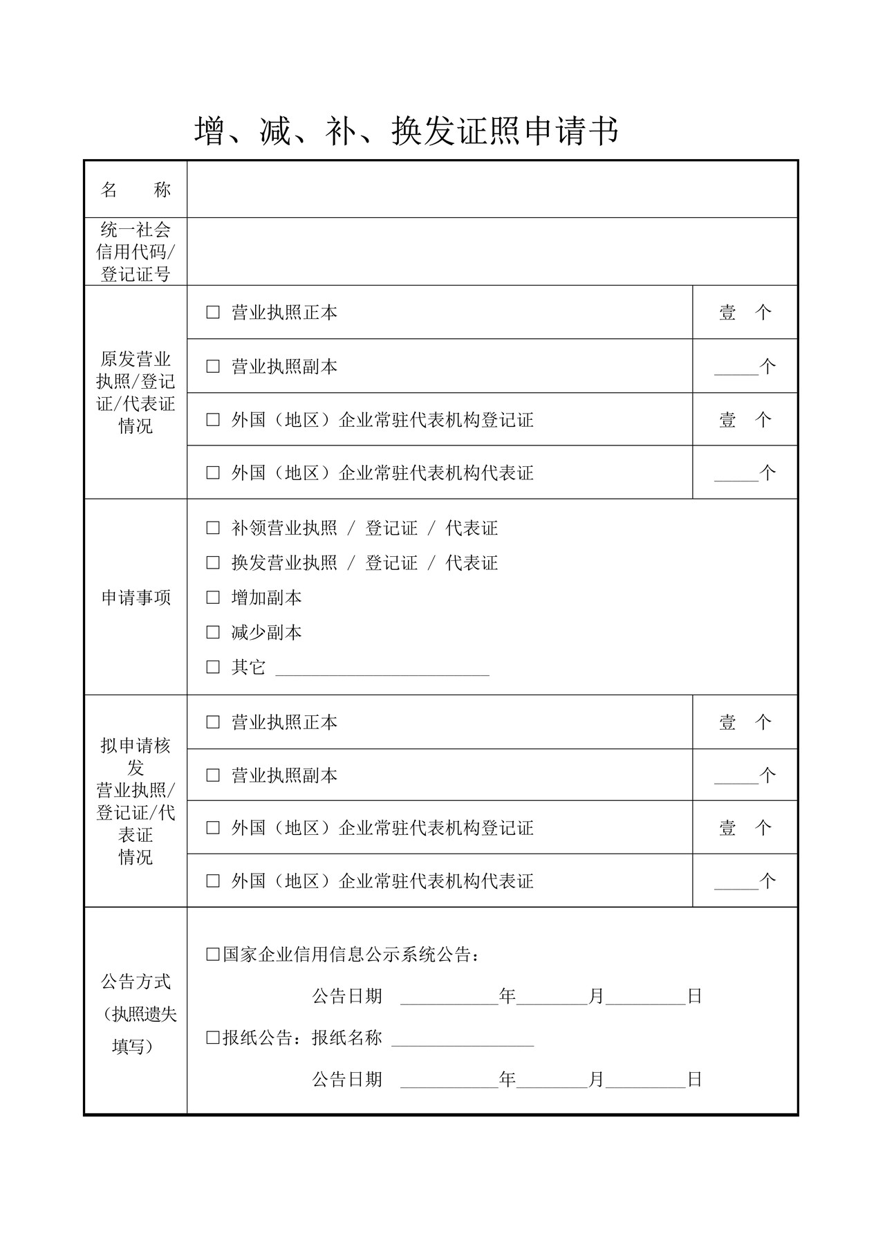 增、减、补、换发证照申请书