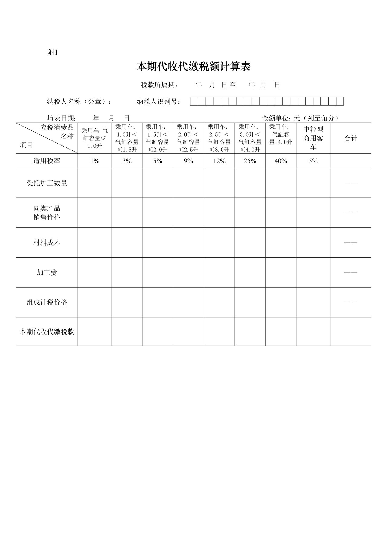 小汽车消费税纳税申报表