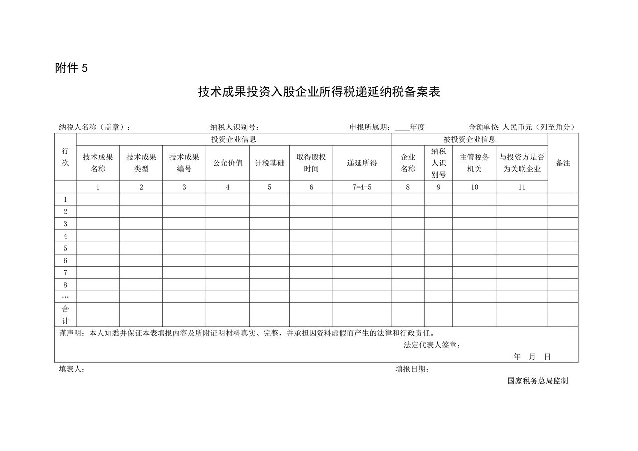 技术成果投资入股企业所得税递延纳税备案表