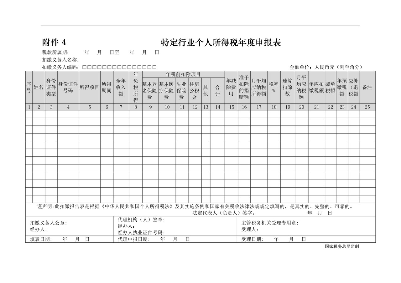 特定行业个人所得税年度申报表