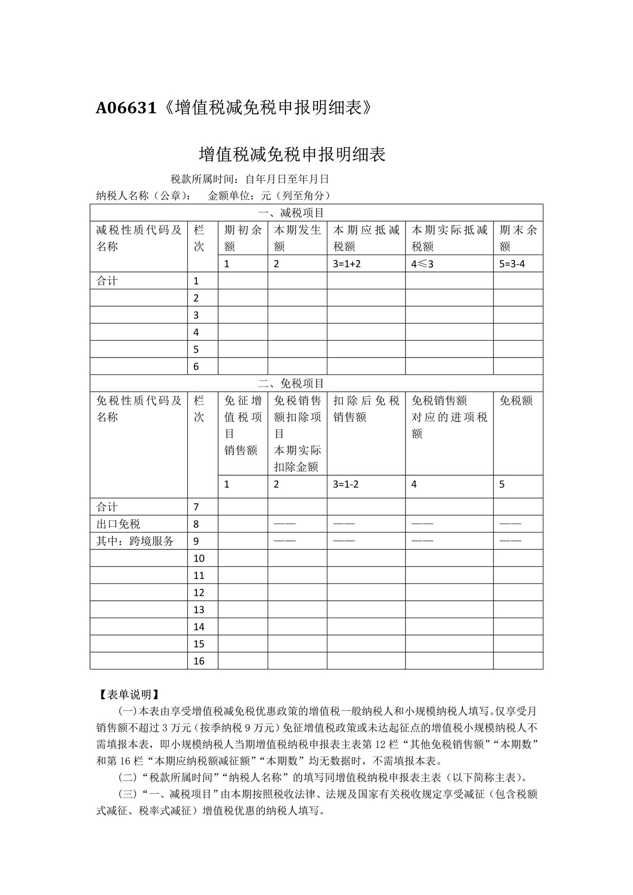 增值税减免税申报明细表