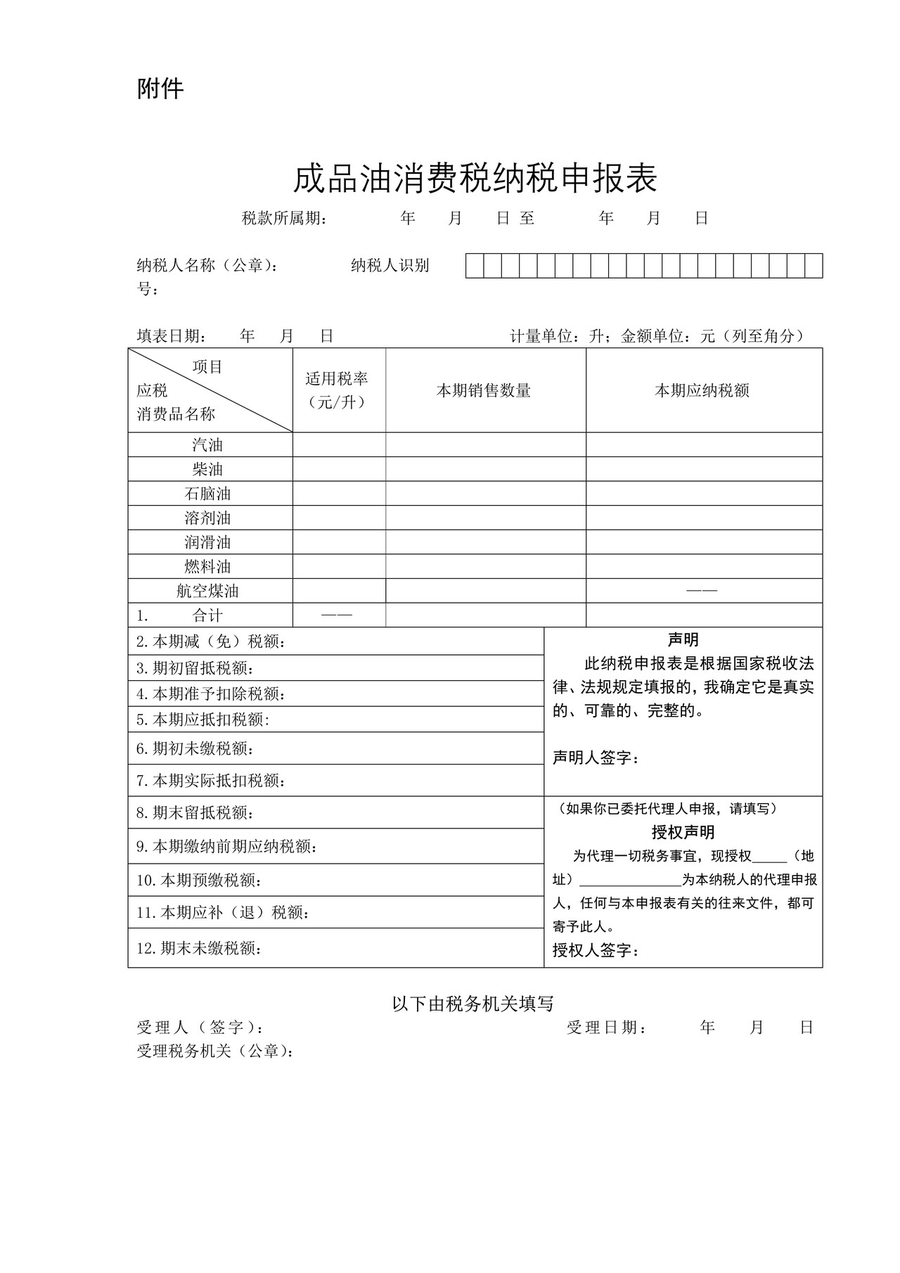 成品油消费税纳税申报表及附表(2018年4月1起启用)