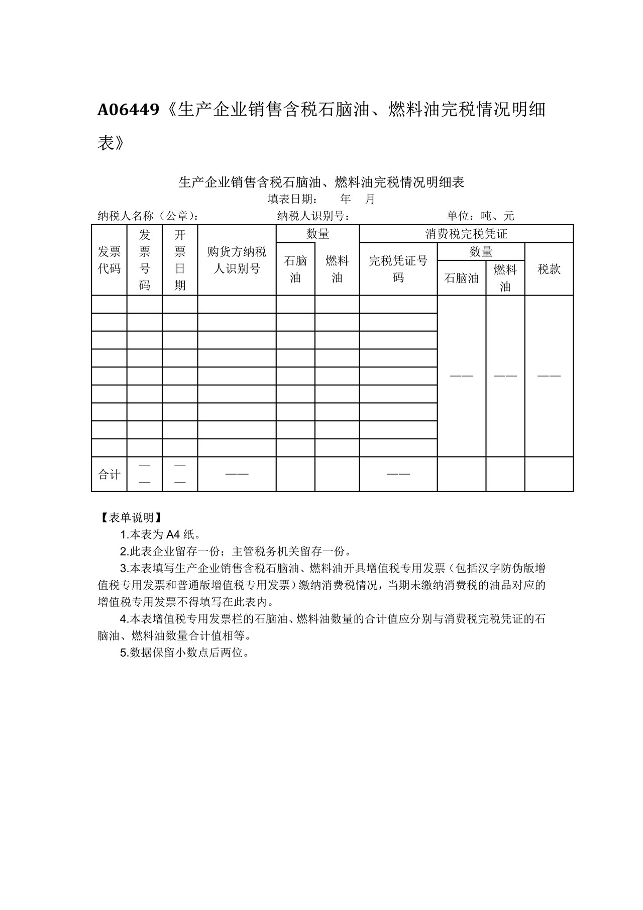 生产企业销售含税石脑油、燃料油完税情况明细表