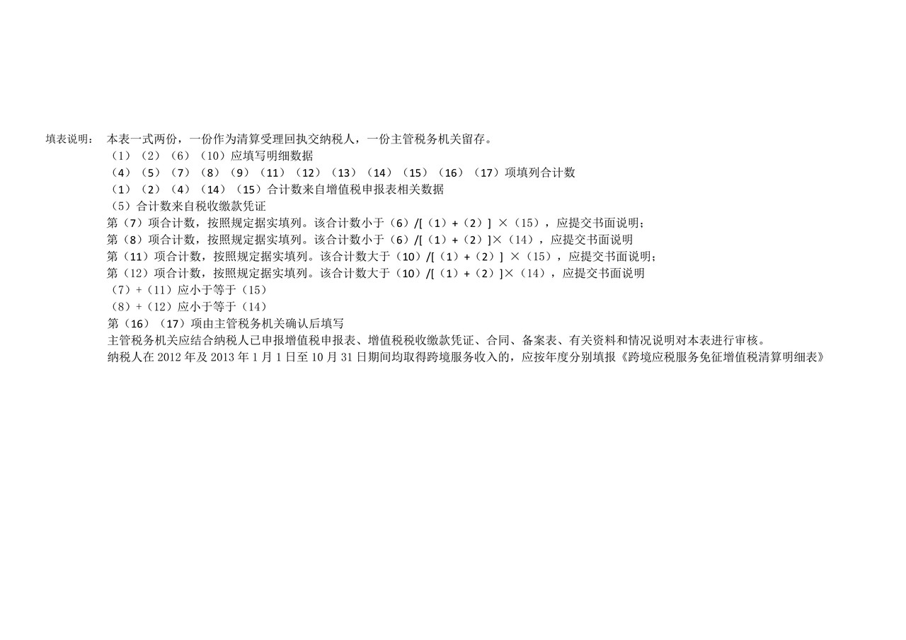 跨境应税服务免征增值税清算明细表
