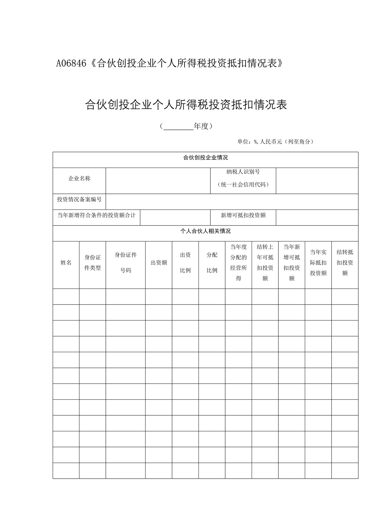 《合伙创投企业个人所得税投资抵扣情况表》