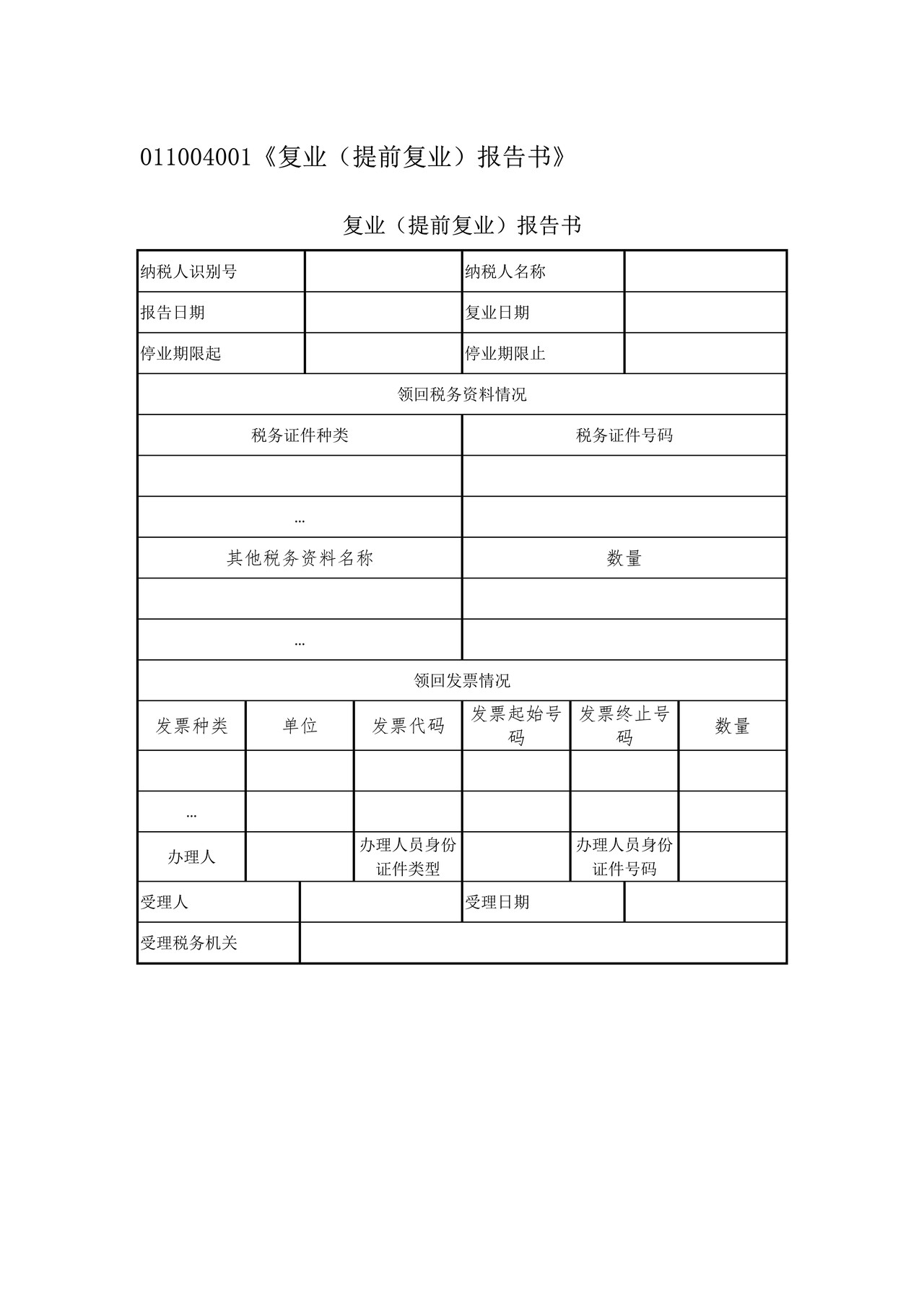 《复业（提前复业）报告书》