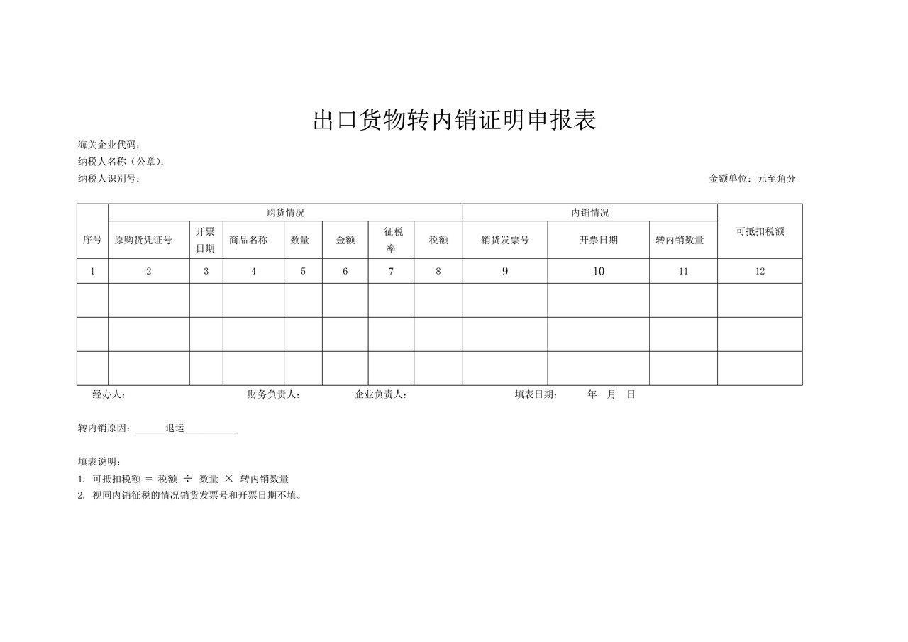 出口货物转内销证明申报表