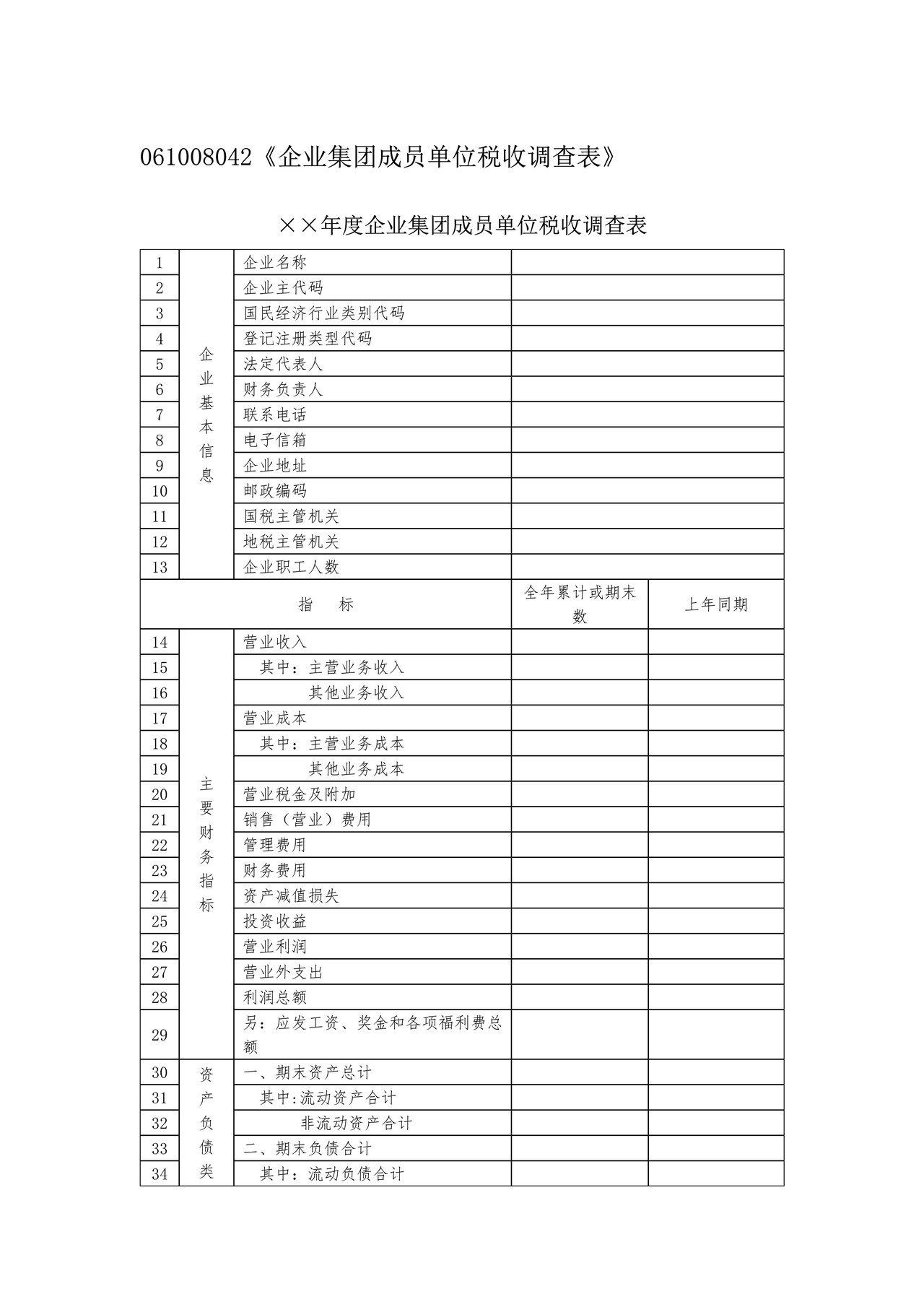 《企业集团成员单位税收调查表》